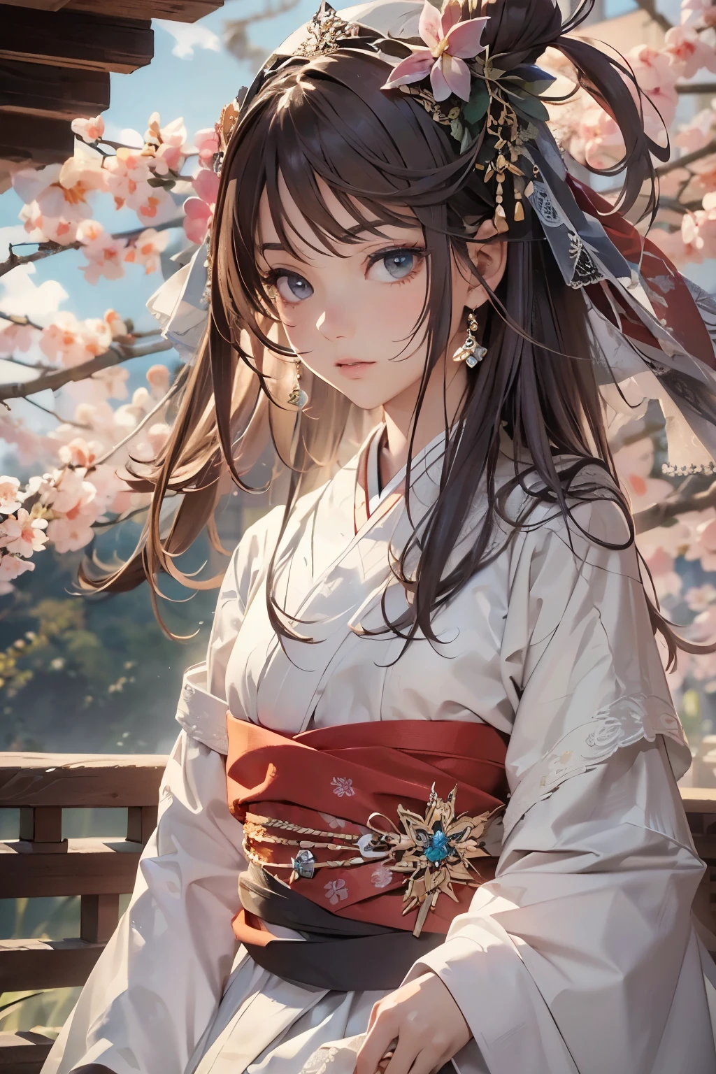 highest quality、masterpiece、Super detailed、ultra high resolution、slender、medium bust、(whole body:1.2)、(profile、looked away) :1.2)、High definition background、realistic eyes、Sharp eyes、blurred background、(very detailed face and eyes、beautiful face、super detailed skin、Fine skin texture:1.3)、Japanese-style house、veranda、shoji、Spring landscape、