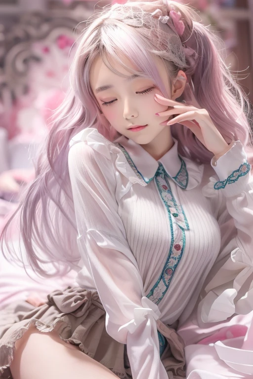 Masterpiece, top quality, 1 person, ((contrasting eyes)), (sleeping on side), from the front, blouse, skirt