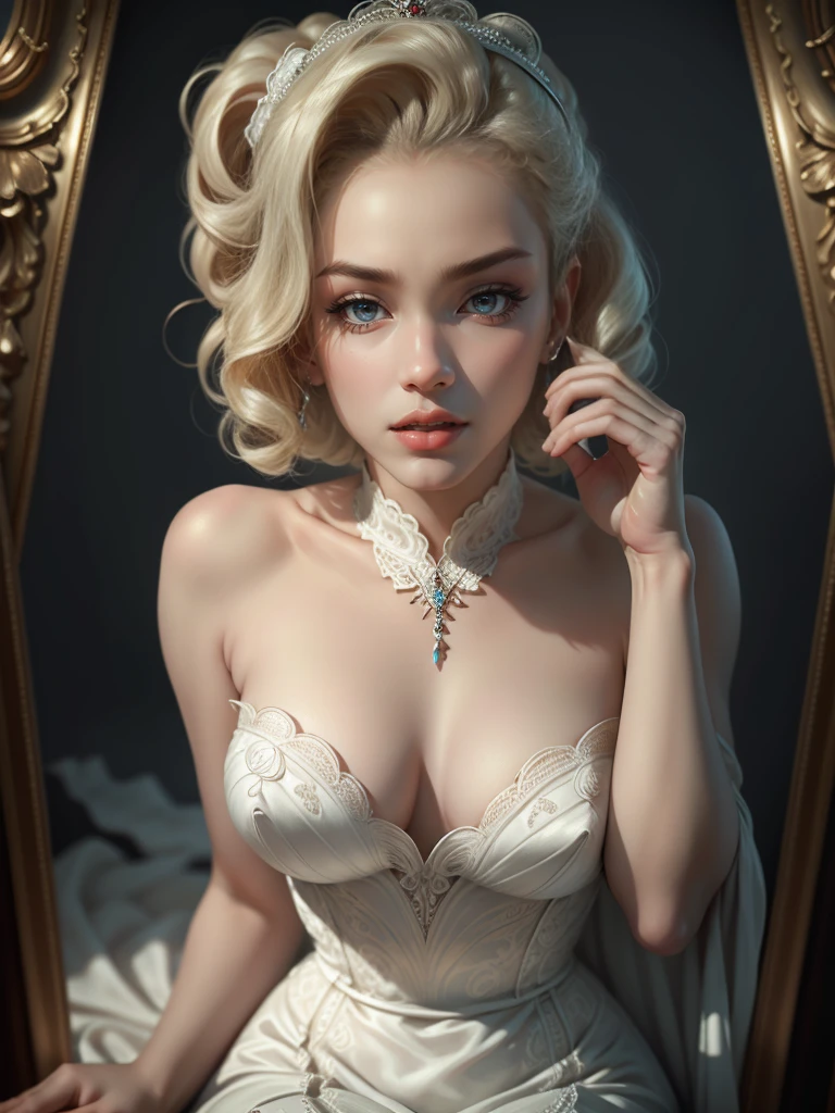 (Masterpiece - Ultra-Detailed, High Resolution) Prepare to be enchanted by a true masterpiece that combines ultra-detailed art with high-resolution rendering. This work shows a mesmerizing woman, with short, light blonde hair, 1950s style, Marilyn Monroe (1.3) and captivating brown eyes (1.2), New York illustration style, wearing red lipstick, emanating an aura of elegance and mystery. Wearing Victorian classic 1950s clothing. sexy. Intricate details and realistic textures invite you to explore every aspect of this enchanting composition. Transparent white dress. reading, writing, mouth closed. Different posture , dynamic poses, mouth closed. Different posture, with chin resting on shoulder , perfect fingers. Get ready to dive into a world where beauty and craftsmanship merge perfectly.