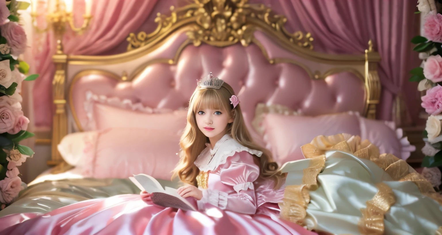 ,highest quality, masterpiece, highest resolution, artwork, super それにget used to it, many get used to it, get used to it, それにget used to it, 3K realistic photos,,(( When I was )),Super detailed baby face,She is a princess,Full length ball gown dress with hoop skirt,ruffled yoke collar,puff sleeves,long sleeve,((Lolita style pink detailed princess satin dress、Comes with lots of frills and ribbons。)),colorful rococo fashion,shiny satin dress,Soft and smooth fabric,luxury,long blonde hair,blue eyes,white skin european,pajamas,((inside the palace)),,,(( When I was 10 years old)),Sd baby face,Full length ball gown dress with hoop skirt,long skirt,ruffled yoke collar,puff sleeves,腰まで伸びるlong blonde hair,blue eyes,white skin european,pajamas,((inside the palace bedroom)),ピンクのシルクサテンのluxuryなcanopy bedの上,canopy bed,Luxury curtains on both sides of the bed,many frilly pillows on the bed,super detailed background,Detailed bed,romantic atmosphere,A little princess is lying on the bed,Reading a picture book,the dress is spread all over the bed,Soft pink silk satin comforter,