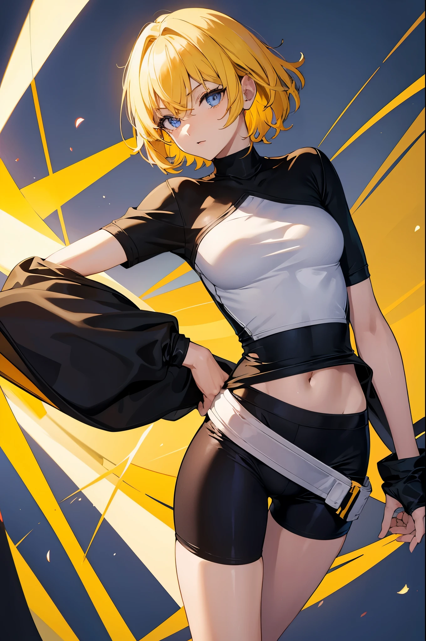 "Anime character, short hair, detailed eyes, light yellow hair, spandex crop top, black spandex shorts, seductive, hand in pocket, masterpiece, top-quality, Hi-Res