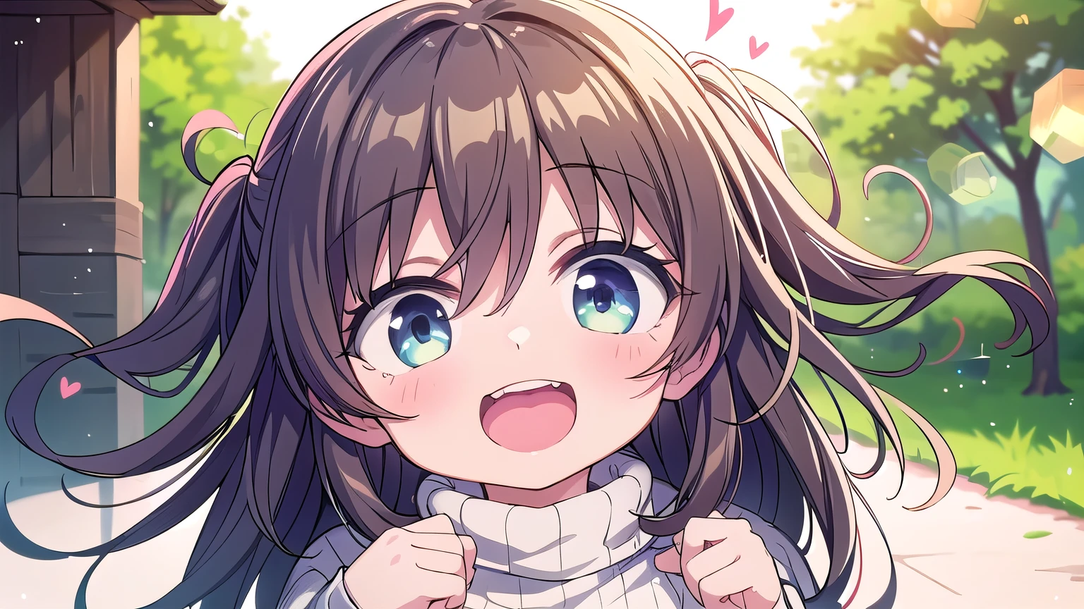 ((best quality)), ((masterpiece)), (detailed), perfect face, a girl, cosy sweater on, upper body, (huge Laughing:1.1), (open mouth:1.1), (wide open eyes:1.2), sun glare, bokeh, depth of field, blurry background, light particles, strong wind, (heart particles:1.1)