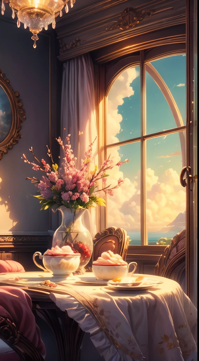 (best quality,ultra-detailed,photorealistic:1.37),illustration,realistic shadows,extraordinary details,soft colors,magical lighting,delicate texture,pink fluffy clouds,glimmering sprinkler,exquisite cones,imaginative atmosphere,joyful emotions,dreamy background,happy,delicious desserts,soft ice cream,ice cream shop,vibrant colors,candy toppings,fairy tale setting,window appears,lively scene,cherries on top,elegant swirls,playful imagination,charming moments,fun-filled experience,creamy texture,sweetness,irresistible,summer delicacy,refreshing delight,dreamy world