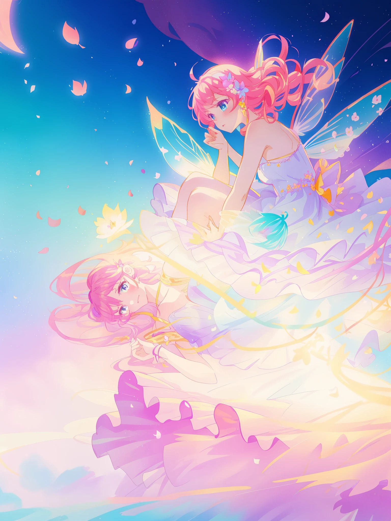 beautiful girl in tiered gradient ballgown dress, gradient colorful dress, ((layered flower petal skirt)), fairy dress, fairy queen, magical fantasia background, (glowing fairy wings), glowing flowing ballgown, long wavy hair, sparkling fairy wings, watercolor illustration, inspired by Glen Keane, inspired by Lois van Baarle, disney art style, jen bartel, beautiful digital illustration, beautiful, masterpiece, best quality, anime disney style