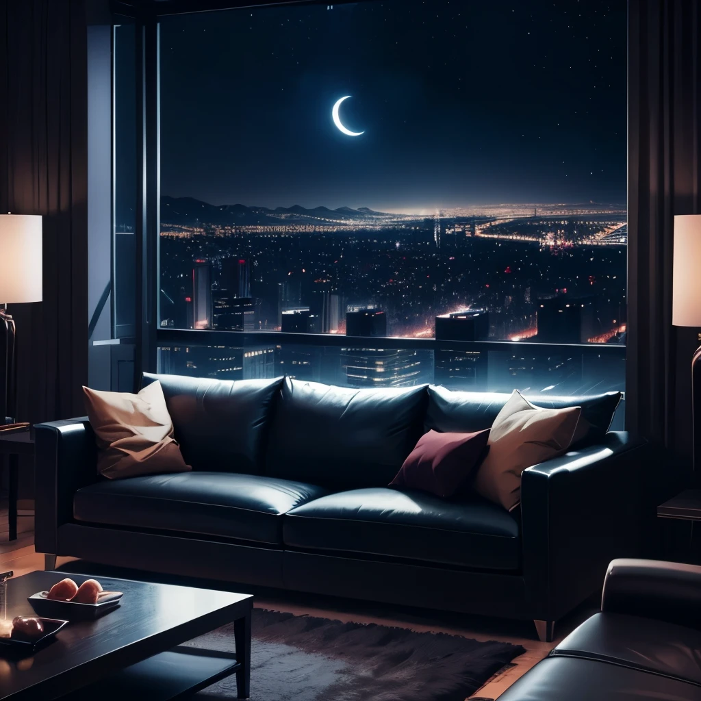 Dark Expensive sofisticated penthouse, last floor, nightcity windows, living room, couch night city background, dark city, night sky,