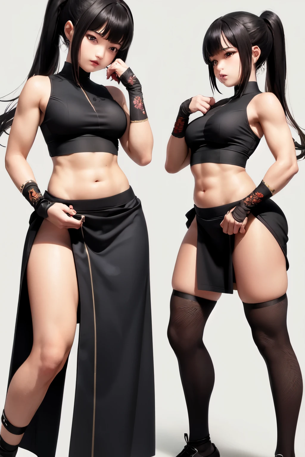 ((best quality)), ((masterpiece)), (detailed), perfect face, kunoichi, 1 girl, from edo samurai japanese era, epic, HD, Top crop, fire, full body, cute face, long hair, wear hakama, sexy body, strong character, asian face, crop top, show belly, mascular abs, half view