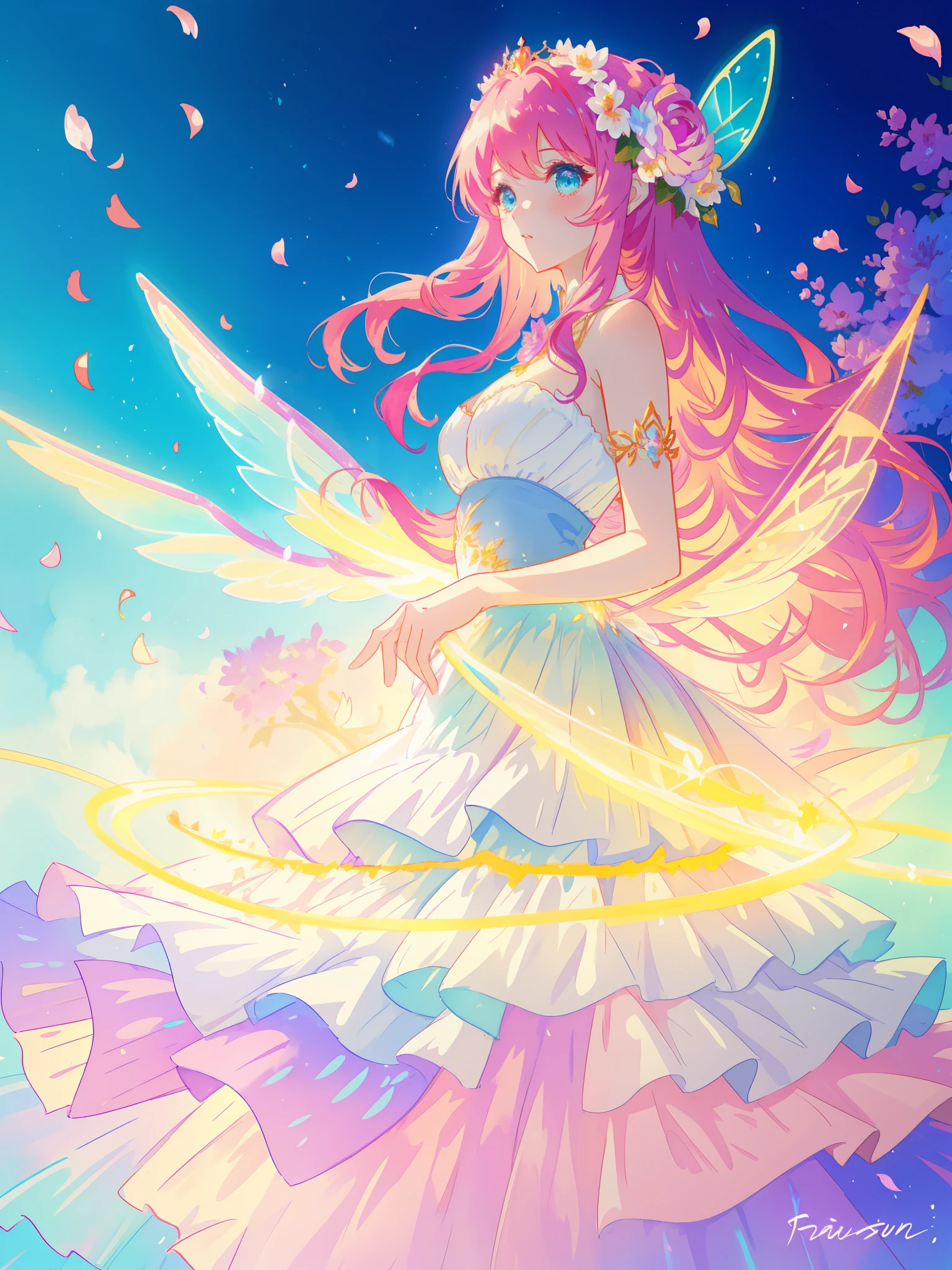 beautiful girl in tiered gradient ballgown dress, gradient colorful dress, ((layered flower petal skirt)), fairy dress, fairy queen, magical fantasia background, (glowing fairy wings), glowing flowing ballgown, long wavy hair, sparkling fairy wings, watercolor illustration, inspired by Glen Keane, inspired by Lois van Baarle, disney art style, jen bartel, beautiful digital illustration, beautiful, masterpiece, best quality, anime disney style