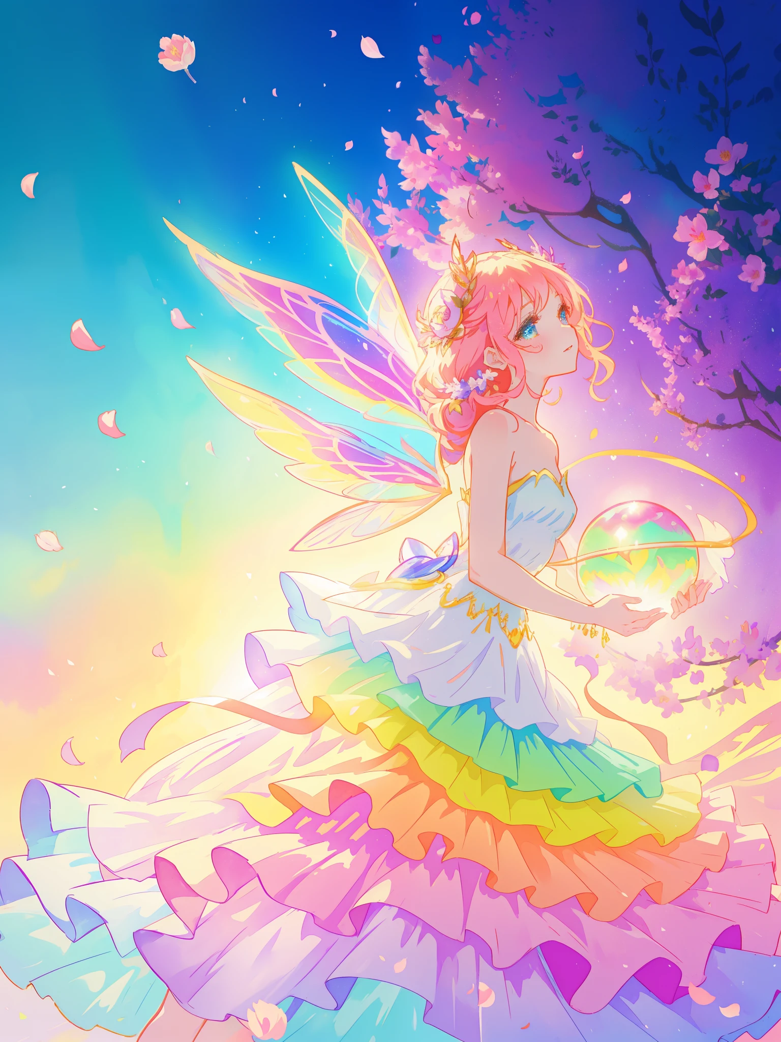 beautiful girl in tiered gradient ballgown dress, gradient colorful dress, ((layered flower petal skirt)), fairy dress, fairy queen, magical fantasia background, (glowing fairy wings), glowing flowing ballgown, long wavy hair, sparkling fairy wings, watercolor illustration, inspired by Glen Keane, inspired by Lois van Baarle, disney art style, jen bartel, beautiful digital illustration, beautiful, masterpiece, best quality, anime disney style