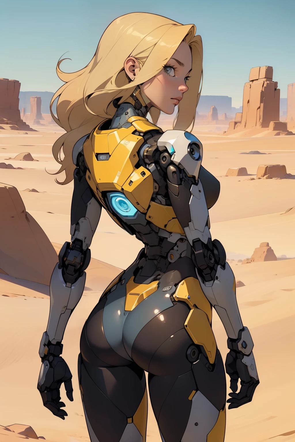 high quality, 4k, masterpiece, beautiful, cyborg girl, cowboy shot, dull eyes, back side, turning around to look at viewer, long blonde hair, girl, small breasts, fit thigh, robotic arms, robotic body, cyborg body, yellow accent, redaccent, intricate detail, joint, detailed lines, robotic detail, holding fist up, holding hand up as fist, color robotic parts, robotic parts with color, perfect fingers, on a desert planet, sunny background, colorful desert, a river in the background