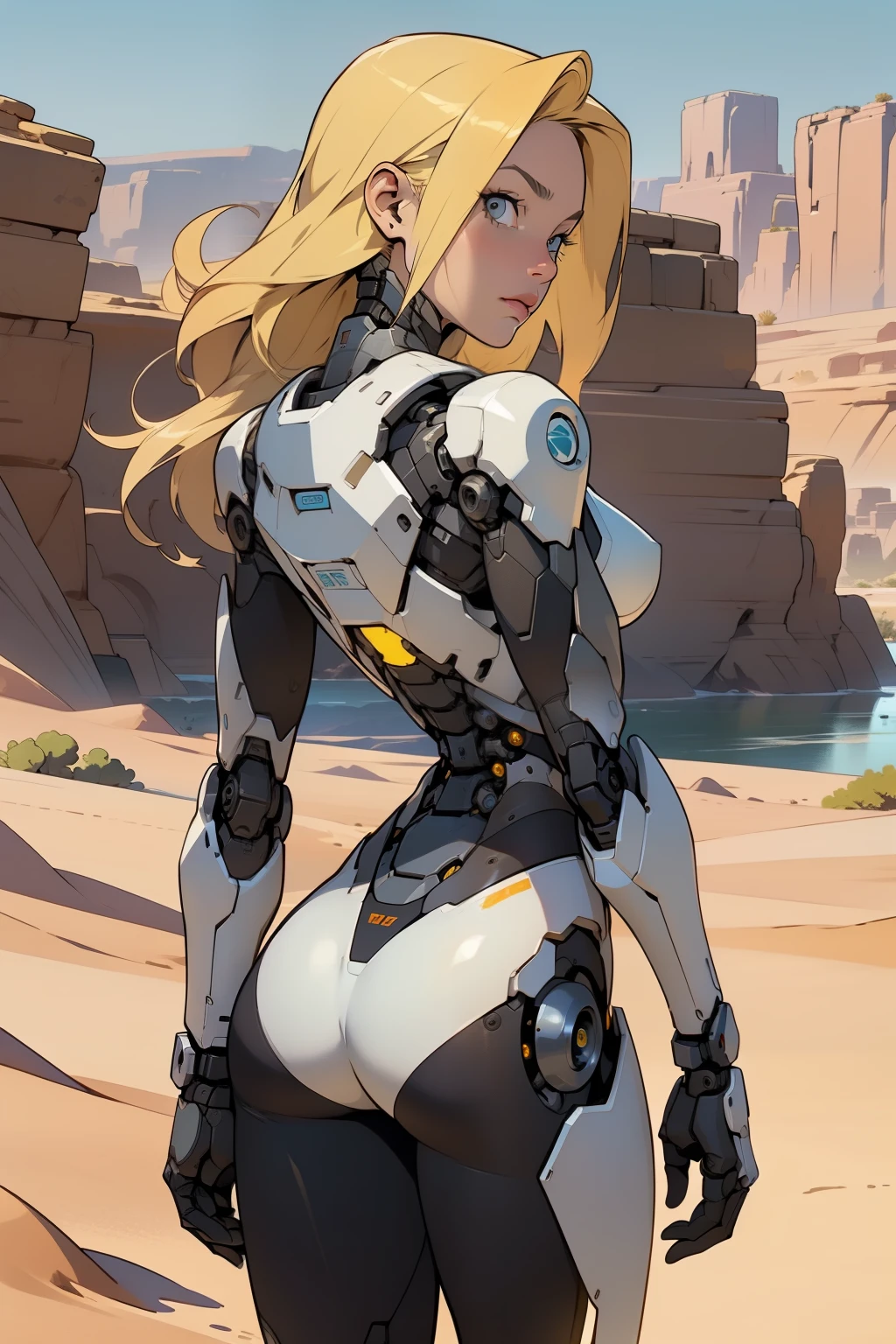 high quality, 4k, masterpiece, beautiful, cyborg girl, cowboy shot, dull eyes, back side, turning around to look at viewer, long blonde hair, girl, small breasts, fit thigh, robotic arms, robotic body, cyborg body, yellow accent, redaccent, intricate detail, joint, detailed lines, robotic detail, holding fist up, holding hand up as fist, color robotic parts, robotic parts with color, perfect fingers, on a desert planet, sunny background, colorful desert, a river in the background