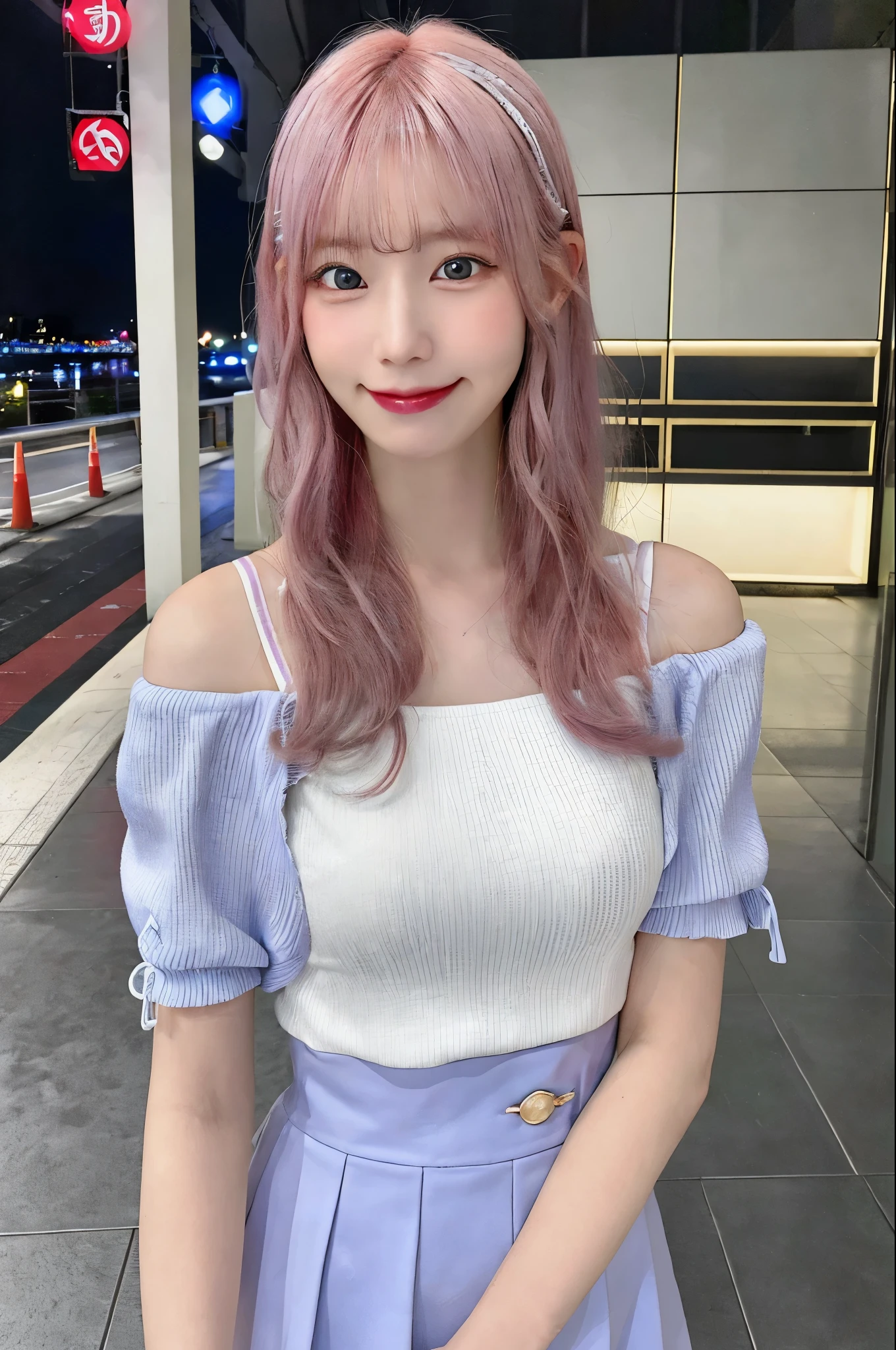 (masterpiece:1.3)、(8K、photorealism、Raw photo、best image quality:1.4)、18 year old Japanese girl、super detail face、eye for details、double eyelid、sharp focus:1.2、Beautiful woman:1.4、highest quality、Super high resolution、(Photoreal:1.4)、thin、Ribs appear prominent、in cyberpunk city、cityscape、girl、へにょへにょしたsmile、attractive pose、 Lux 1, 1girl, alone, Lux 1, 1girl, alone, pink hair, straight hair, hair ornaments, white detached sleeves, blue eyes, white dress, purple skirt, long skirt, very long hair, bare shoulders, big breasts, smile, open your mouth, cowboy shot,