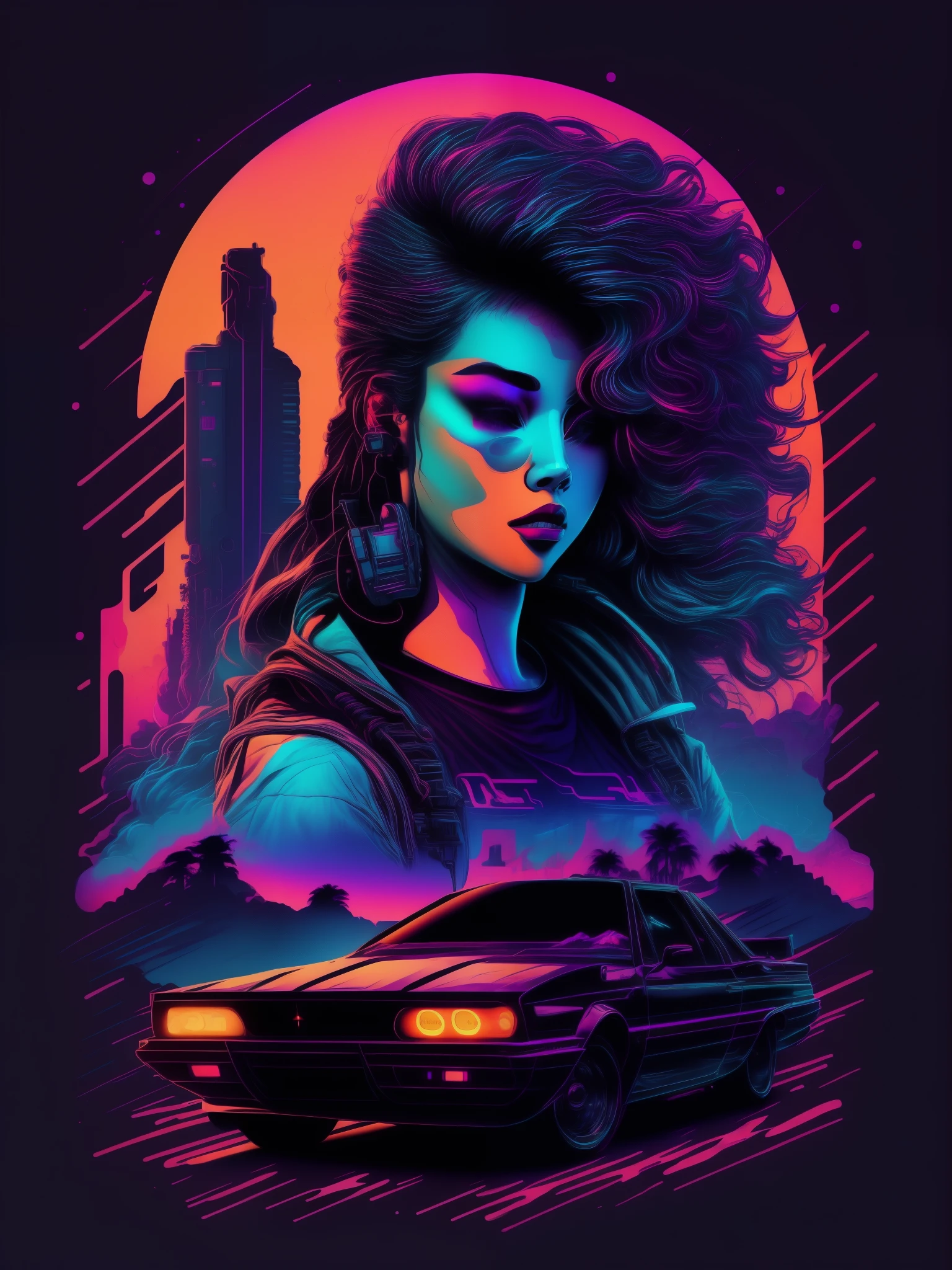 Hot Girl, car, vectorized, synthwave, purple blue red orange, bright neon colors on a dark background,