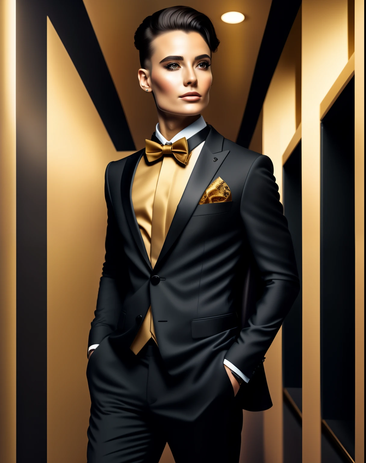 portrait shot of elegant  woman in silk black versacci business suit with vertical golden lines and a golden bowtie inside of super modern black   manhattan detailed office,