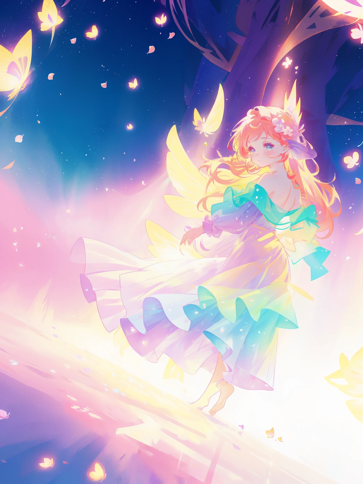 beautiful girl in tiered gradient ballgown dress, gradient colorful dress, ((layered flower petal skirt)), fairy dress, fairy queen, magical fantasia background, (glowing fairy wings), glowing flowing ballgown, long wavy hair, sparkling fairy wings, watercolor illustration, inspired by Glen Keane, inspired by Lois van Baarle, disney art style, jen bartel, beautiful digital illustration, beautiful, masterpiece, best quality, anime disney style
