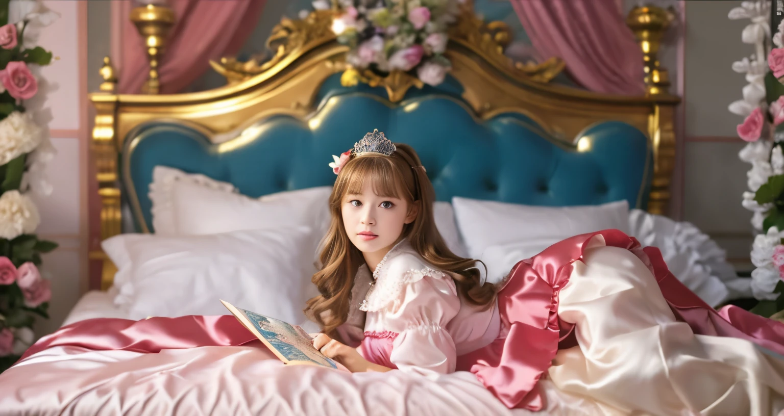 ,highest quality, masterpiece, highest resolution, artwork, super それにget used to it, many get used to it, get used to it, それにget used to it, 3K realistic photos,,(( When I )),Super detailed baby face,She isss,Full length ball gown dress with hoop skirt,ruffled yoke collar,puff sleeves,long sleeve,((Lolita style hot pink detailed princess satin dress、Comes with lots of frills and ribbons。)),colorful rococo fashion,shiny satin dress,Soft and smooth fabric,luxury,long blonde hair,blue eyes,white skin european,pajamas,((inside the palace)),,,(( When I was 10 years old)),Super ce,Full length ball gown dress witirt,long skirt,ruffled yoke collar,puff sleeves,腰まで伸びるlong blonde hair,blue eyes,white skin european,pajamas,((inside the palace bedroom)),ピンクのシルクサテンのluxuryなcanopy bedの上,canopy bed,Luxury curtains on both sides of the bed,many frilly pillows on the bed,super detailed background,Detailed bed,romantic atmosphere,A little princess is lying on the bed,Reading a pictok,the dress is spread all over the bed,Soft pink silk satin comforter,