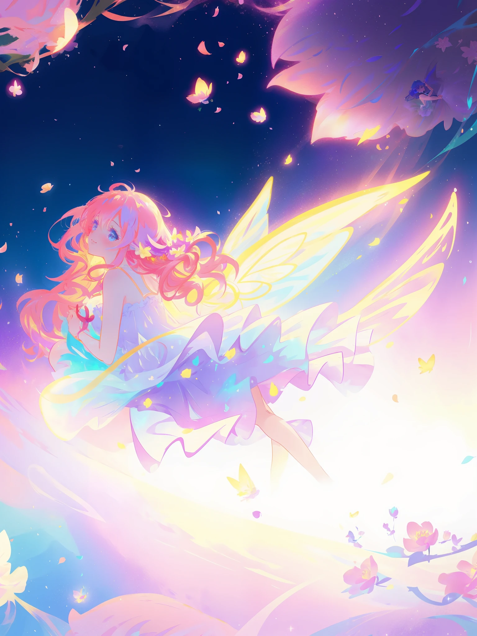 beautiful girl in tiered gradient ballgown dress, gradient colorful dress, ((layered flower petal skirt)), fairy dress, fairy queen, magical fantasia background, (glowing fairy wings), glowing flowing ballgown, long wavy hair, sparkling fairy wings, watercolor illustration, inspired by Glen Keane, inspired by Lois van Baarle, disney art style, jen bartel, beautiful digital illustration, beautiful, masterpiece, best quality, anime disney style