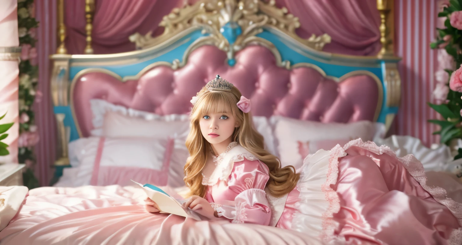 ,highest quality, masterpiece, highest resolution, artwork, super それにget used to it, many get used to it, get used to it, それにget used to it, 3K realistic photos,,(( When I )),Super detailed baby face,She isss,Full length ball gown dress with hoop skirt,ruffle yoke collar,puff sleeves,long sleeve,((Lolita style hot pink detailed princess satin dress、Comes with lots of frills and ribbons。)),colorful rococo fashion,shiny satin dress,Soft and smooth fabric,luxury,long blonde hair,blue eyes,white skin european,pajamas,((inside the palace)),,,(( When I was 10 years old)),Super ce,Full length ball gown dress witirt,long skirt,ruffle yoke collar,puff sleeves,腰まで伸びるlong blonde hair,blue eyes,white skin european,pajamas,((inside the palace bedroom)),ピンクのシルクサテンのluxuryなcanopy bedの上,canopy bed,Luxurious curtains on both sides of the bed,many frilly pillows on the bed,super detailed background,Detailed bed,romantic atmosphere,little princess is lying on the bed,Read picture books,the dress is spread across the bed,soft pink silk satin comforter,Beautiful girl illustration,detailed beautiful face detailed hair,detailed human eye ,detailed mouth, arm details,detailed hand,detailed picture book