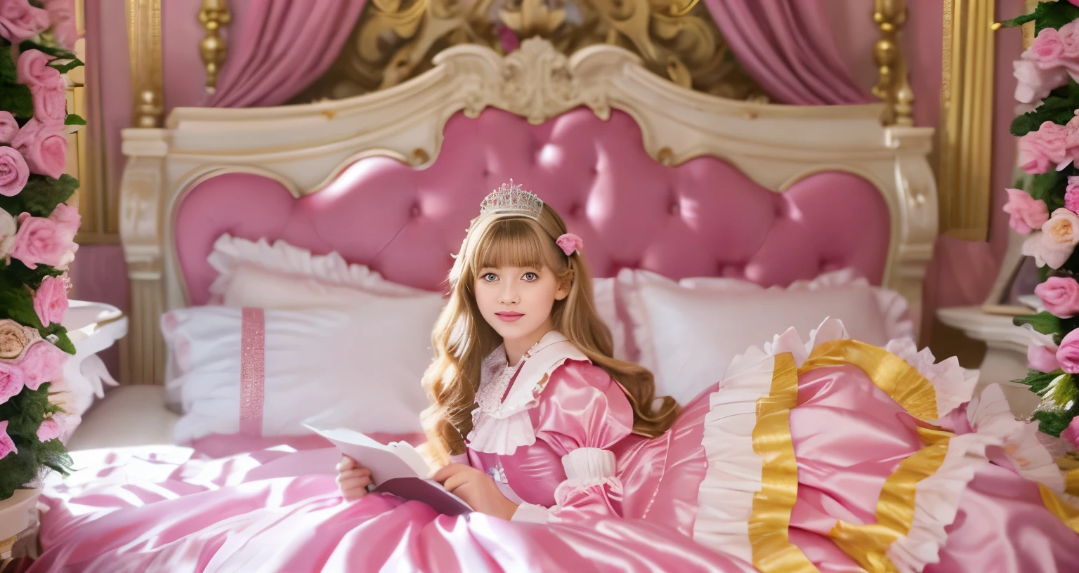 ,highest quality, masterpiece, highest resolution, artwork, super それにget used to it, many get used to it, get used to it, それにget used to it, 3K realistic photos,,(( When I was )),Super detailed baby face,She is a princess,Full length ball gown dress with hoop skirt,ruffled yoke collar,puff sleeves,long sleeve,((Lolita style pink detailed princess satin dress、Comes with lots of frills and ribbons。)),colorful rococo fashion,shiny satin dress,Soft and smooth fabric,luxury,long blonde hair,blue eyes,white skin european,pajamas,((inside the palace)),,,(( When I was 10 years old)),Sd baby face,Full length ball gown dress with hoop skirt,long skirt,ruffled yoke collar,puff sleeves,腰まで伸びるlong blonde hair,blue eyes,white skin european,pajamas,((inside the palace bedroom)),ピンクのシルクサテンのluxuryなcanopy bedの上,canopy bed,Luxury curtains on both sides of the bed,many frilly pillows on the bed,super detailed background,Detailed bed,romantic atmosphere,A little princess is lying on the bed,Reading a picture book,the dress is spread all over the bed,Soft pink silk satin comforter,