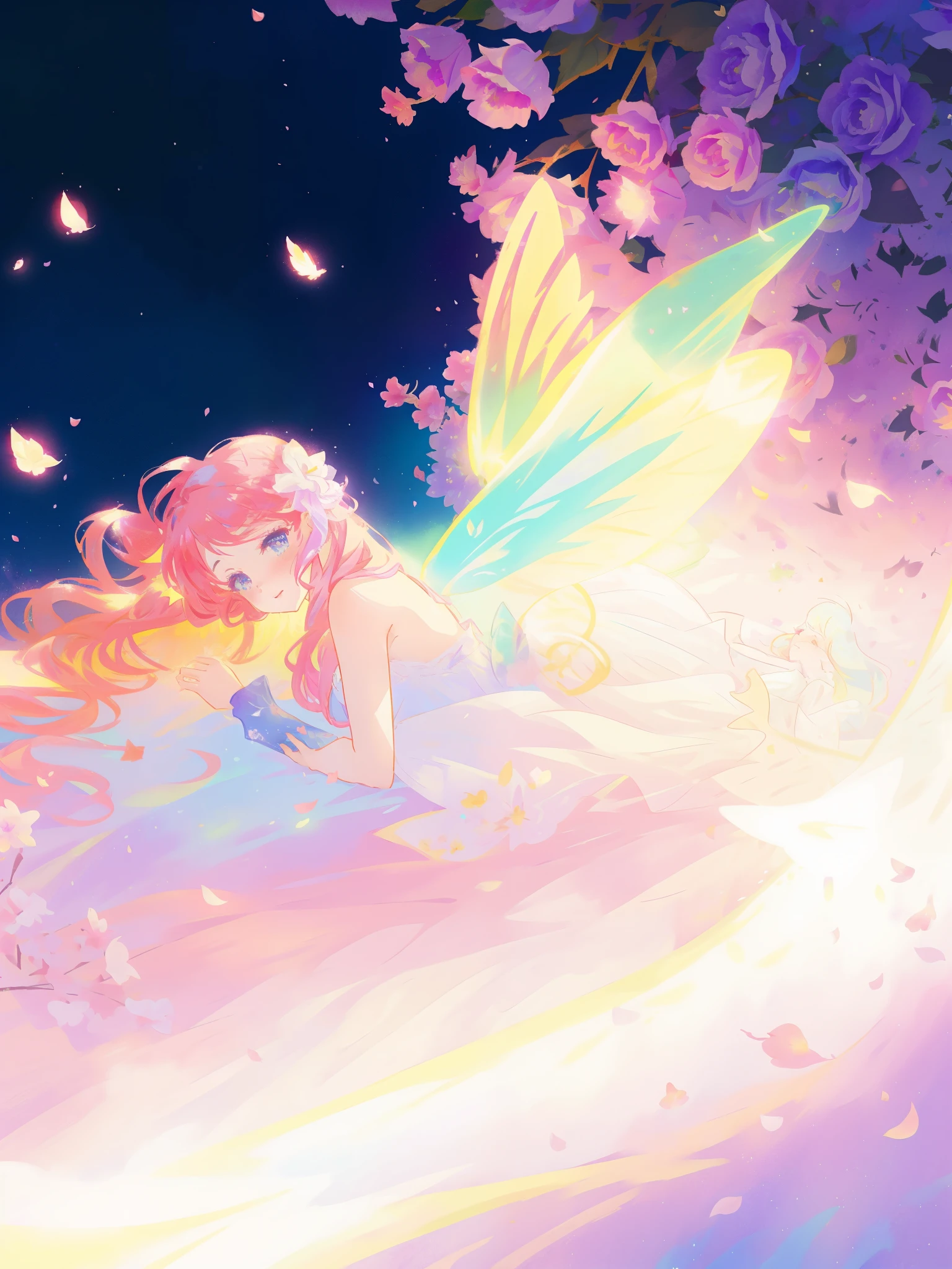 beautiful girl in tiered gradient ballgown dress, gradient colorful dress, ((layered flower petal skirt)), fairy dress, fairy queen, magical fantasia background, (glowing fairy wings), glowing flowing ballgown, long wavy hair, sparkling fairy wings, watercolor illustration, inspired by Glen Keane, inspired by Lois van Baarle, disney art style, jen bartel, beautiful digital illustration, beautiful, masterpiece, best quality, anime disney style
