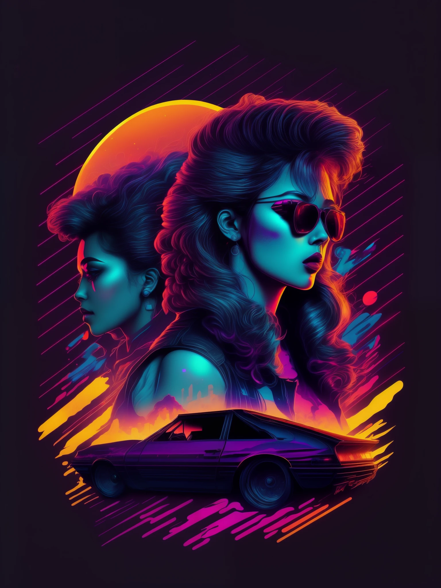 Hot Girl, car, vectorized, synthwave, purple blue red orange, bright neon colors on a dark background,