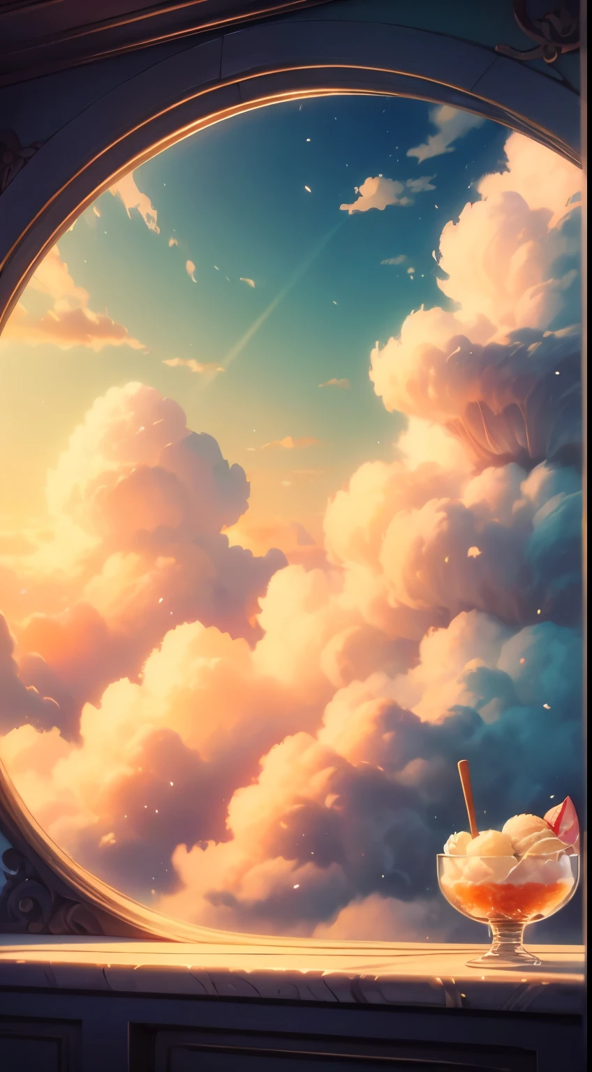 (a huge ice cream),illustration,realistic shadows,extraordinary level of detail,soft colors,magical lighting,delicate texture,fluffy pink clouds,glistening sprinkles,exquisite cones,whimsical atmosphere,joyous emotion,dreamy background,happy,delicious desserts,soft ice cream,ice cream shop,vibrant colors,candy toppings,fairytale setting,window appears,lively scene,topped with cherries,elegant swirls,playful imagination,charming moment,fun-filled experience,creamy texture,sweetness,irresistible,summer delicacy,refreshing delight,enchanted world.