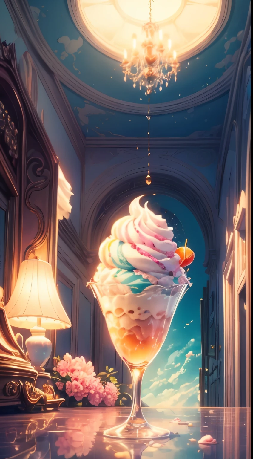 (a huge ice cream),illustration,realistic shadows,extraordinary level of detail,soft colors,magical lighting,delicate texture,fluffy pink clouds,glistening sprinkles,exquisite cones,whimsical atmosphere,joyous emotion,dreamy background,happy,delicious desserts,soft ice cream,ice cream shop,vibrant colors,candy toppings,fairytale setting,window appears,lively scene,topped with cherries,elegant swirls,playful imagination,charming moment,fun-filled experience,creamy texture,sweetness,irresistible,summer delicacy,refreshing delight,enchanted world.