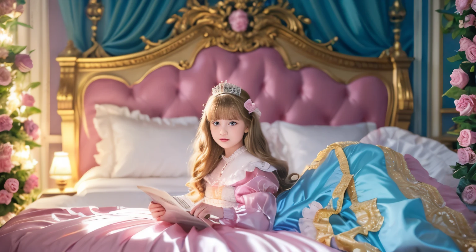 ,highest quality, masterpiece, highest resolution, artwork, super それにget used to it, many get used to it, get used to it, それにget used to it, 3K realistic photos,,(( When I was 10 years old)),Super detailed baby face,She is a princess,Full length ball gown dress with hoop skirt,ruffled yoke collar,puff sleeves,long sleeve,((Lolita style hot pink detailed princess satin dress、Comes with lots of frills and ribbons。)),colorful rococo fashion,shiny satin dress,Soft and smooth fabric,luxury,long blonde hair,blue eyes,white skin european,pajamas,((inside the palace)),,,(( When I was 10 years old)),Super detailed baby face,Full length ball gown dress with hoop skirt,long skirt,ruffled yoke collar,puff sleeves,腰まで伸びるlong blonde hair,blue eyes,white skin european,pajamas,((inside the palace bedroom)),ピンクのシルクサテンのluxuryなcanopy bedの上,canopy bed,Luxury curtains on both sides of the bed,many frilly pillows on the bed,super detailed background,Detailed bed,romantic atmosphere,A little princess is lying on the bed,Reading a picture book,the dress is spread all over the bed,Soft pink silk satin comforter,