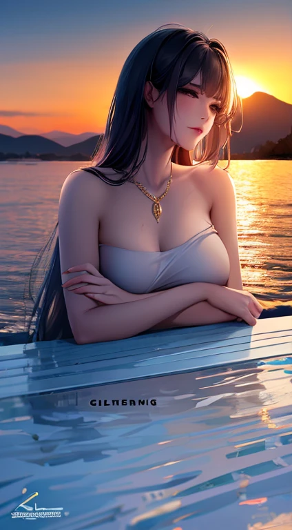 1 girl, serene expression, mesmerizing eyes, straight long hair, flowing dress, poised posture, porcelain skin, subtle blush, crystal pendant BREAK golden hour, (rim lighting):1.2, warm tones, sun flare, soft shadows, vibrant colors, painterly effect, dreamy atmosphere BREAK scenic lake, distant mountains, willow tree, calm water, reflection, sunlit clouds, peaceful ambiance, idyllic sunset, ultra detailed, official art, unity 8k wallpaper , zentangle, mandala