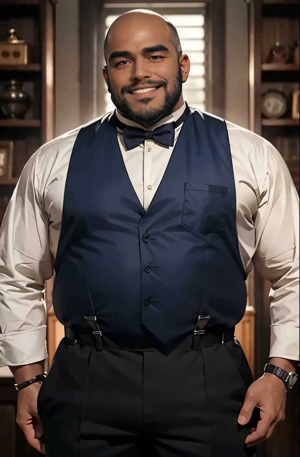 masterpiece, best quality, 1man, old, black skin, dark skin, black, black beard, grizzly beard, bald-headed, (bald:1.0), (chubby:1.0), fat, round body, blue shit, brown pants, brown suspenders, smiling, looking at the viewer