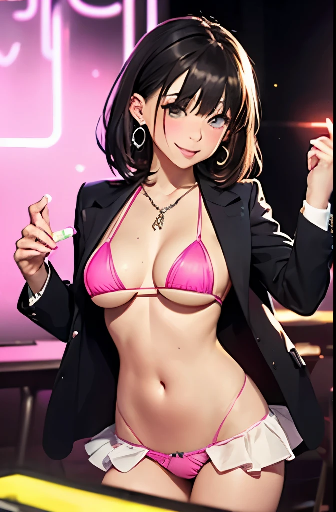 (table top: 1.3), (maximum resolution: 1.2), (Ultra HDTV: 1.2), cinema light, Ultra HDTV, (fine eyes and skin), (detailed facial features), 8K resolution, sharp focus: 1.2, perfect style, beautiful face, Accurate, anatomically correct, Highly detailed face and skin texture, fine eyes, dark blue eyes, double eyelid, thin eyebrows, (droopy eyes:0.65), (glitter eyeliner:1.2), natural cheeks, (sweaty skin), (Fair skin:1.2), shiny necklace and earrings, (glossy lips: 1.4), break, absurd, one person's perspective, (She is a very cute nightclub staff member), (While wearing a white string micro ??????:1.2), break, (Wear a formal jacket:1.3), break, ((skirt:1.2)), ((Make string panties look lighter:1.2)), (high heels), break, (shy smile:1.2), ((18-year-old, Very cute and neat girl:1.3)), (Mr.々hairstyle), ((black and brown hair:1.4)), medium long hair, break. ((cowboy shot: 1.4)), (looking at the viewer:1.2), ((Dance with your ????? sticking out:1.4)), (On the dance floor)), (focus on the ?????:1.6), (from below), (medium to ?????????????:1.2), cleavage, ((In a super ?????? nightclub:1.4)),, break, ((Pink Neon Lights:1.2)), (((dim lighting:1.3))),