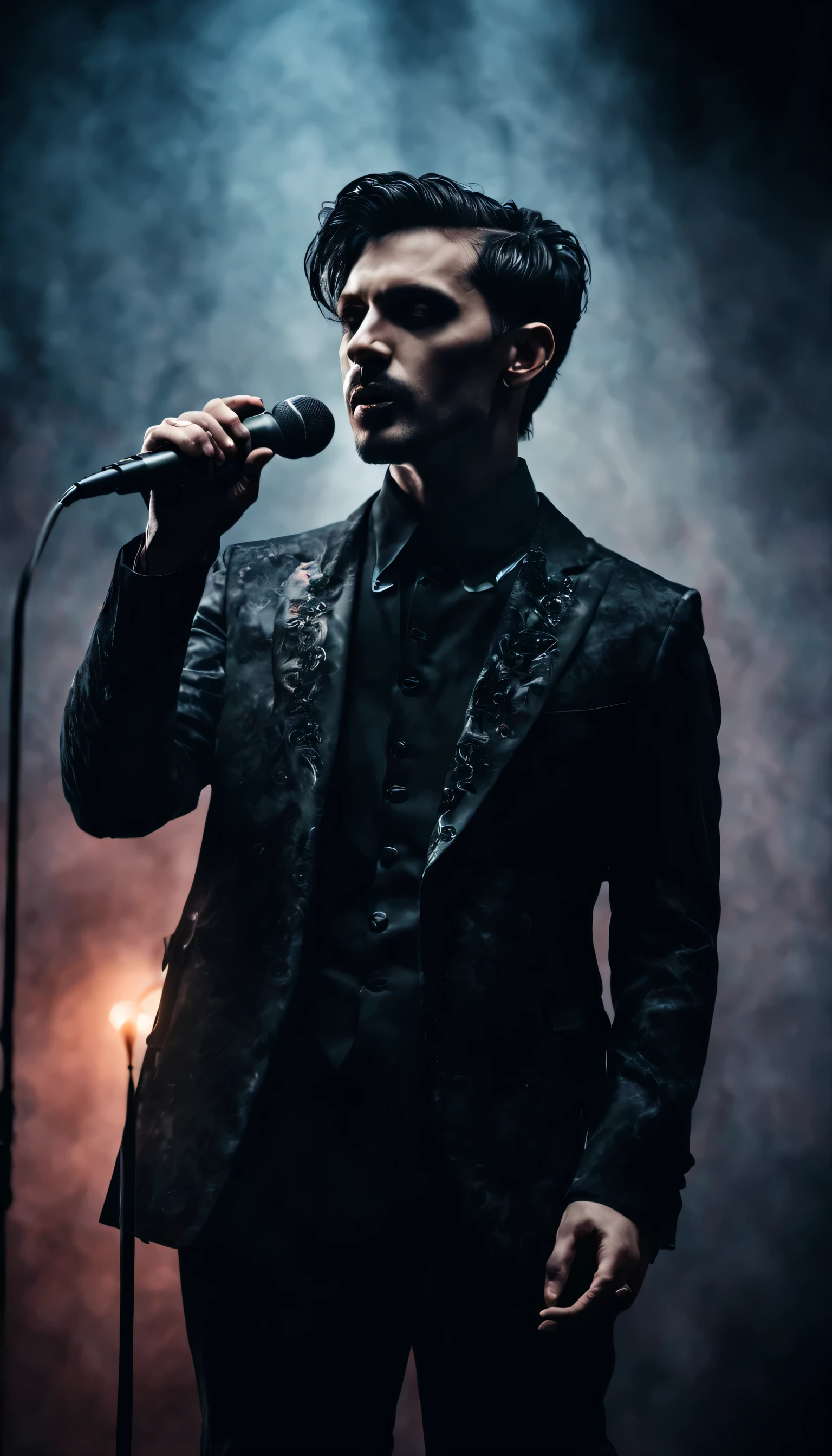 (Mejor calidad, high resolution: 1.2), cantante, Gothic, Gothic style, (Hombre de pelo corto) color negro, [Microphone on a stand], fondo brumoso, Nikon photo image, moody atmosphere, colores oscuros, Luz tenue , (male cantante) inquietantemente, Entorno surrealista, rendimiento cautivador, Vintage feel, ethereal, Gothic architecture, finos detalles, Tonos vibrantes, melodic sound, vivid emotions, Artistic expression, experiencia trascendente, dramatic stage presence, dynamic composition, symphonic melodies , letras intensas, emotional performance, Impresionante rango vocal, Mysterious atmosphere, fascinante. aura, Enigmatic charm, Sombras y luces, Passionate acting, Disturbing melodies, momentos conmovedores, fascinante performance, talento vocal distinguido, intensidad de agarre, fascinante voices