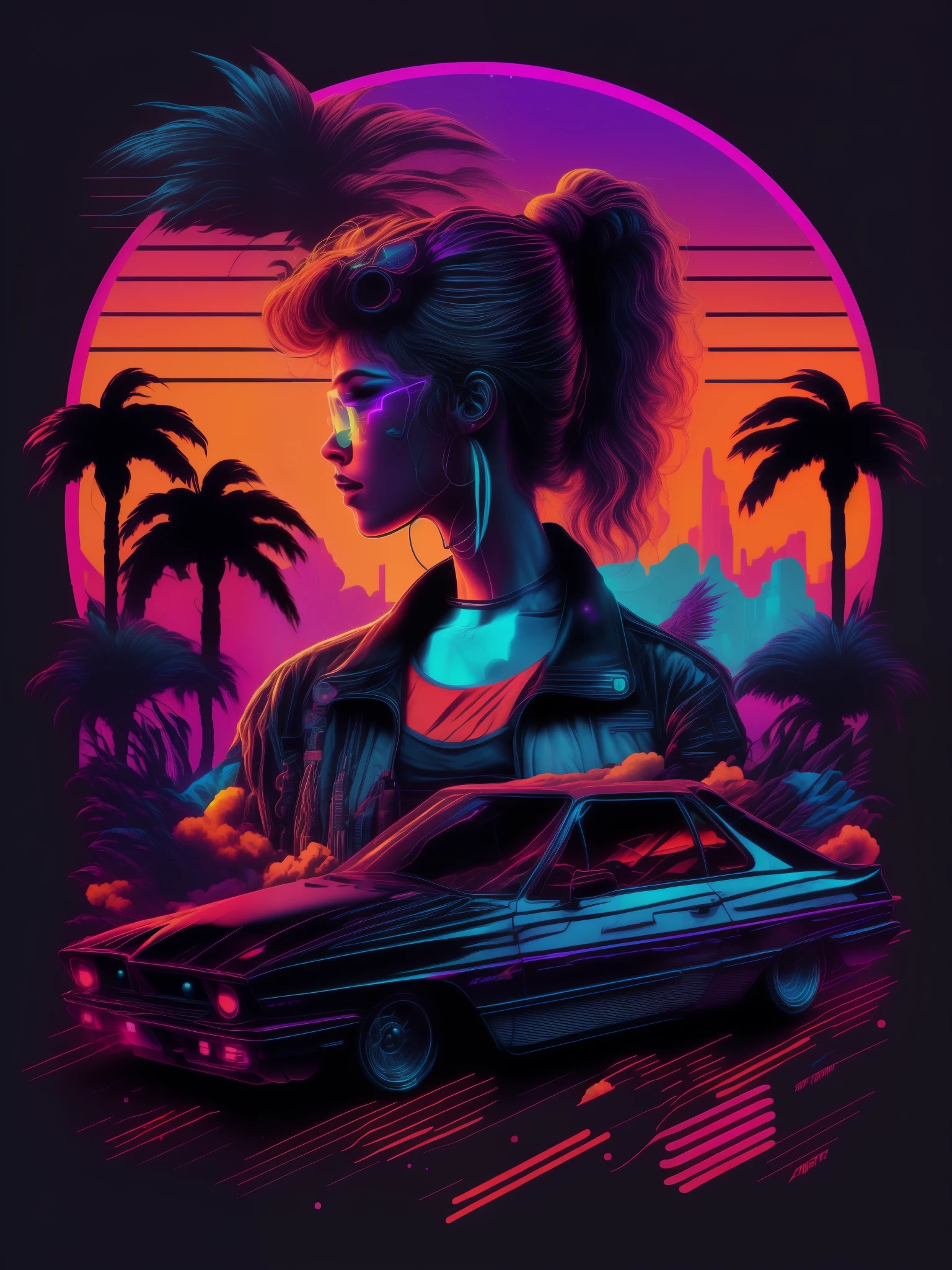 Hot Girl, car, vectorized, synthwave, purple blue red orange, bright neon colors on a dark background,