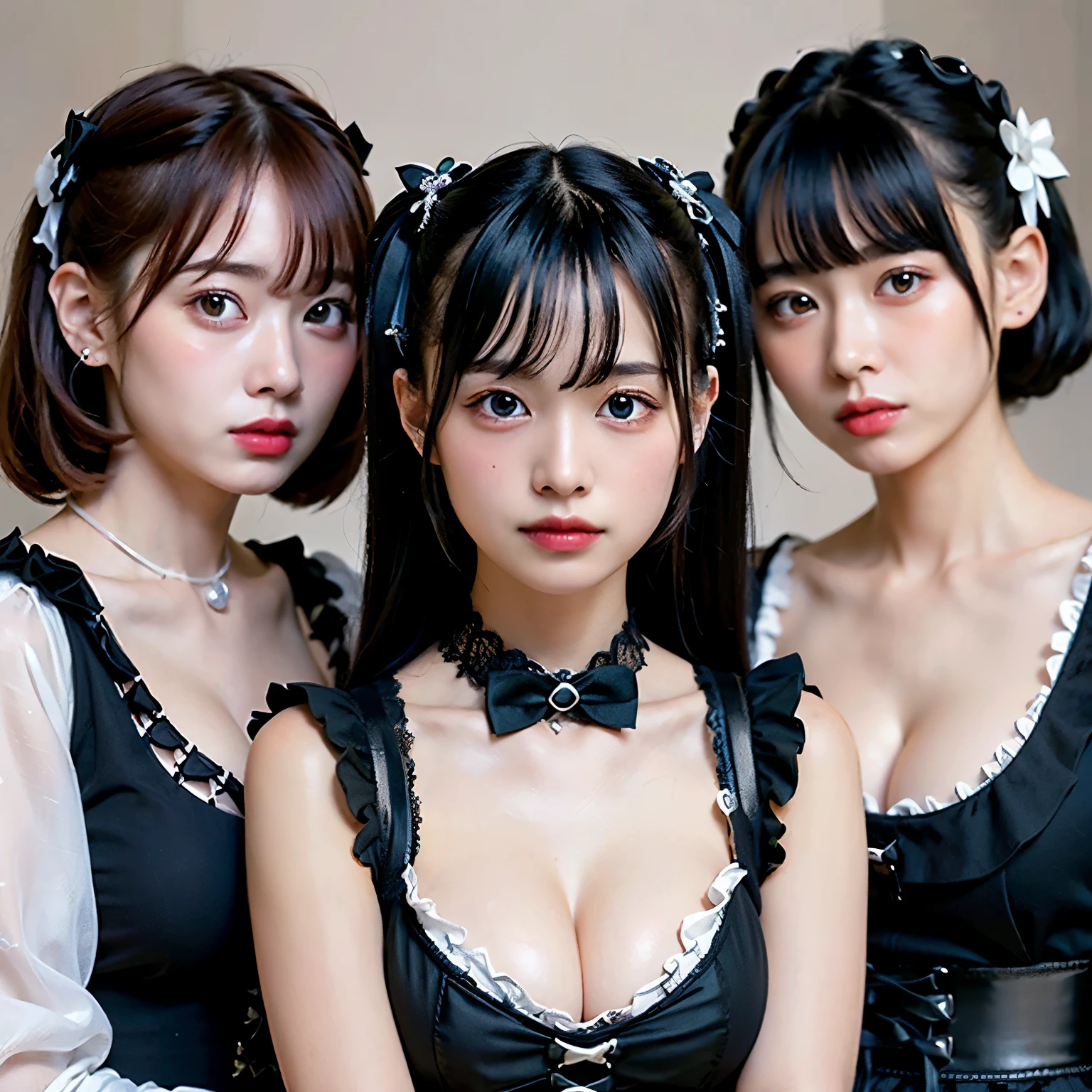 (realistic, photo-realistic:1.37), incredibly absurd, (Extremely detailed:1.3), 8K, (masterpiece), (highest quality:1.4), (ultra high resolution:1.2), (RAW photo:1.2), super detailed background, (unity 8K wallpaper), 1 nogizaka girl, So cute, (bishojo:1.35), (17yo:1.4), (jirai fashion with white and black and pink), (A delicate and beautiful face, eyes, and skin), (Beautiful dress with delicate details), Gothic Maid, medium breasts, (cleavage:1.25), (open chest), (dense black shiny hair), (elegant frills), (bow tie), (blue rose hair accessories), (smile at the camera), whole body, european castle landscape, professional lighting, 1 girl