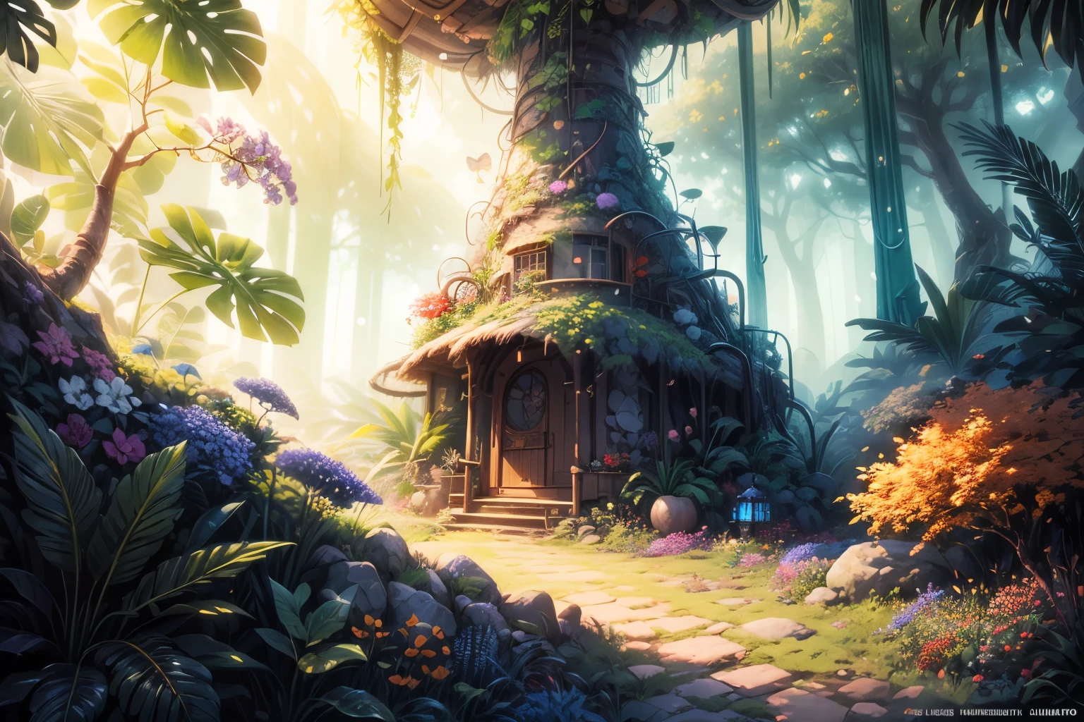 (fantasy jungle: 1.45), illustration, LushGreenFoliage, (Very large and colorful flowers: 1.32), (firefly: 1.24), Fall, Mysterious animals, Majestic trees, magical atmosphere, best quality, high resolution, Super detailed, actual: 1.37, bright colors, Art concept warm and vibrant color palette, Soft sunlight filtering through the trees, A fantasy scene, Super detailed, best quality, a work of art