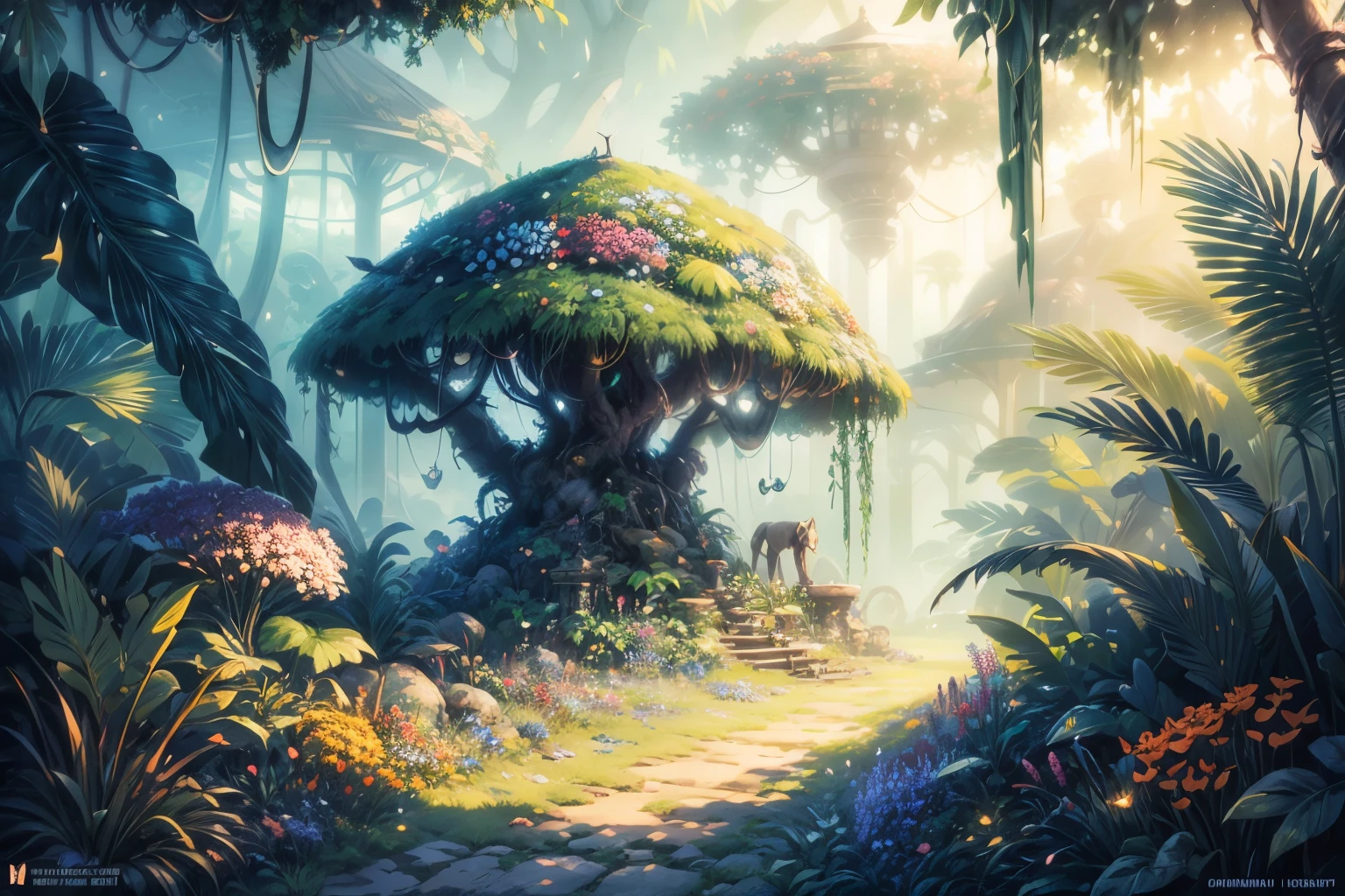 (fantasy jungle: 1.45), illustration, LushGreenFoliage, (Very large and colorful flowers: 1.32), (firefly: 1.24), Fall, Mysterious animals, Majestic trees, magical atmosphere, best quality, high resolution, Super detailed, actual: 1.37, bright colors, Art concept warm and vibrant color palette, Soft sunlight filtering through the trees, A fantasy scene, Super detailed, best quality, a work of art