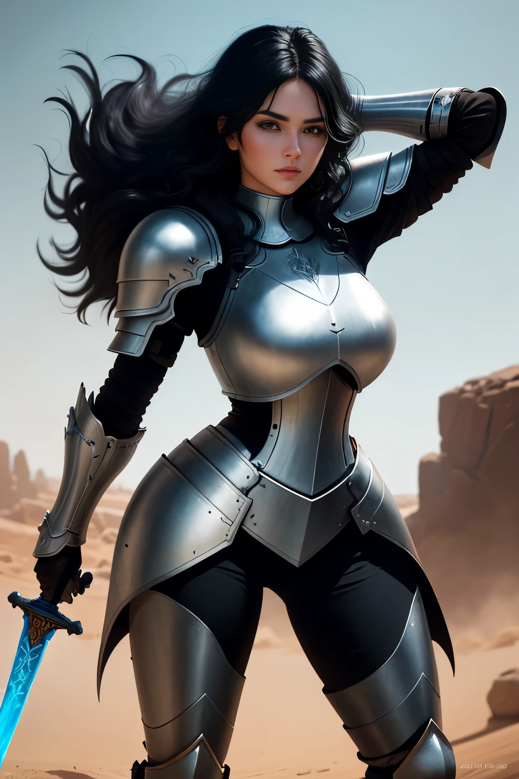 voluminous hair, big hair, big breasts, swordswoman,(fully clothed skintight), (black armor), woman , standing in an open battlefield holding sword, muscle