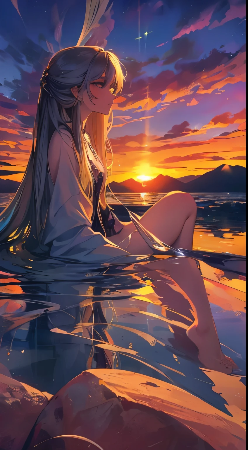 1 girl, serene expression, mesmerizing eyes, straight long hair, flowing dress, poised posture, porcelain skin, subtle blush, crystal pendant BREAK golden hour, (rim lighting):1.2, warm tones, sun flare, soft shadows, vibrant colors, painterly effect, dreamy atmosphere BREAK scenic lake, distant mountains, willow tree, calm water, reflection, sunlit clouds, peaceful ambiance, idyllic sunset, ultra detailed, official art, unity 8k wallpaper , zentangle, mandala