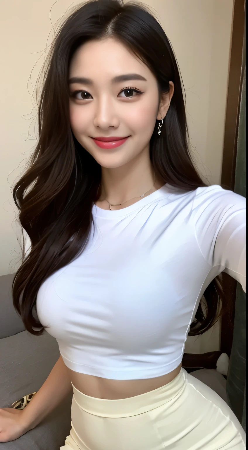 White tight shirt、White tight mini skirt、bed、smile、short sleeve、high resolution、Hallyu Idol Face