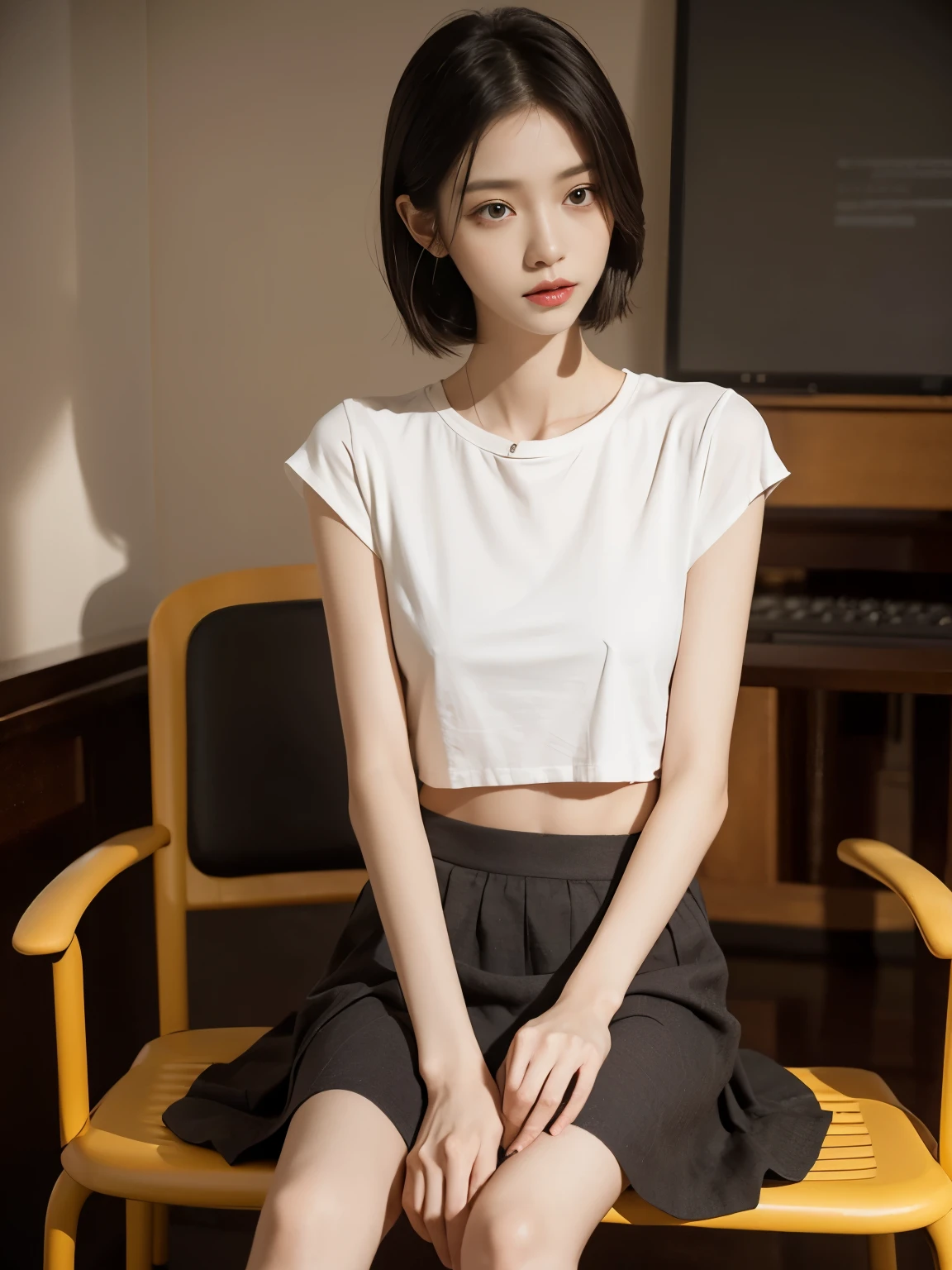 (Photorealistic),(Masterpiece),(ultra-detailed),a tall very beautiful and extremely thin girl who is literally just skin and bones because of being severely malnourished and looks so fragile and delicate and has big eyes and very small head, can see all her bones,sitting on a chair,she has very small and thin body frame and legs,wearing a crop short sleeved tshirt and loose skirt