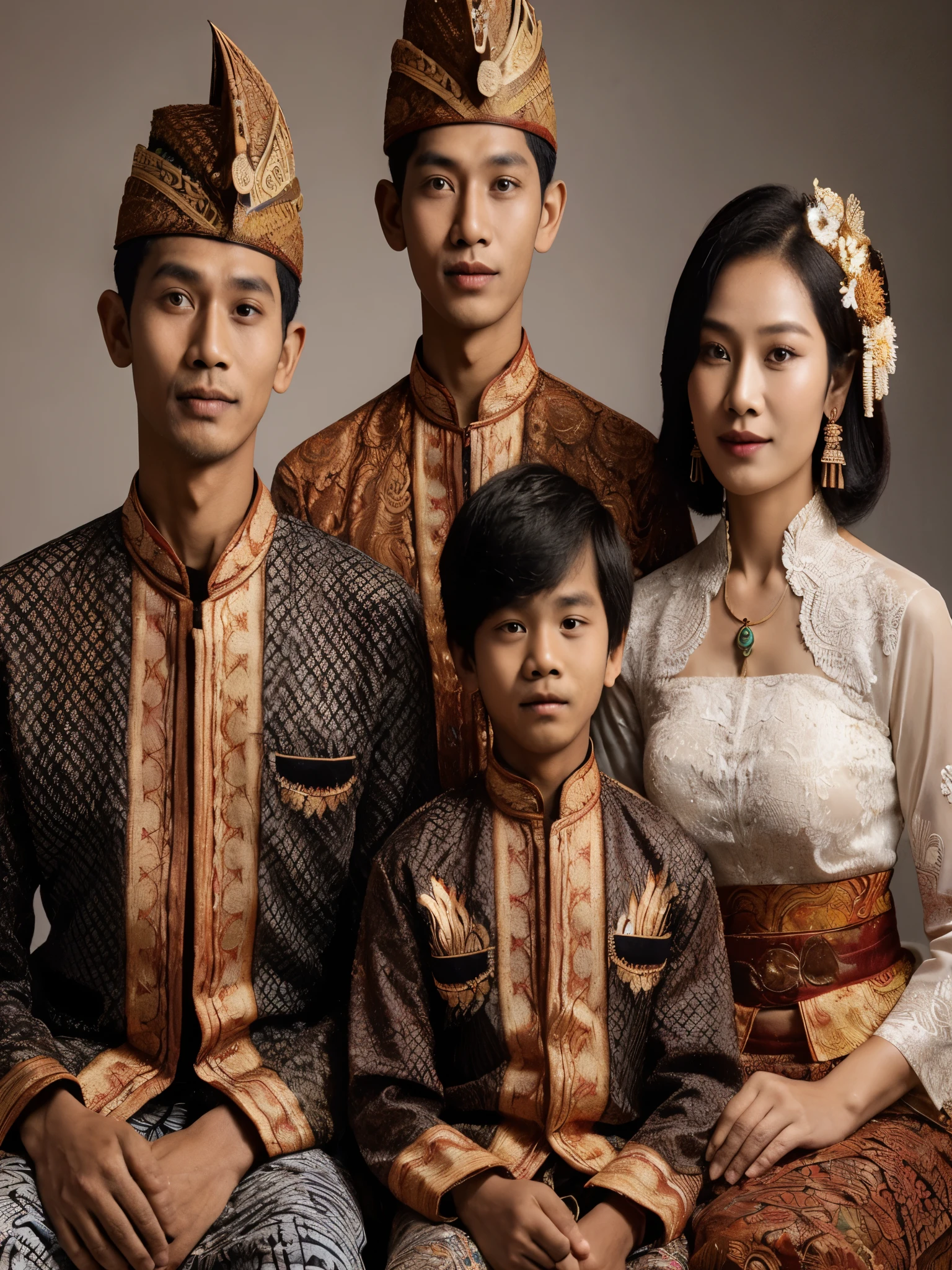 A Javanese family of four (father, mother, 18-year-old son, and -yeld sois posing in a studio for a portrait, The father is wearing a blangkon (Javanese headdress) and a beskap (Javanese men's formal shirt),
The mother is wearing a kebaya (Javanese women's traditional blouse) and a batik sarong,
The 18-year-old son is wearing a similar outfit to his father, The 10-year-o so wear a smaller version of his father's outfit,