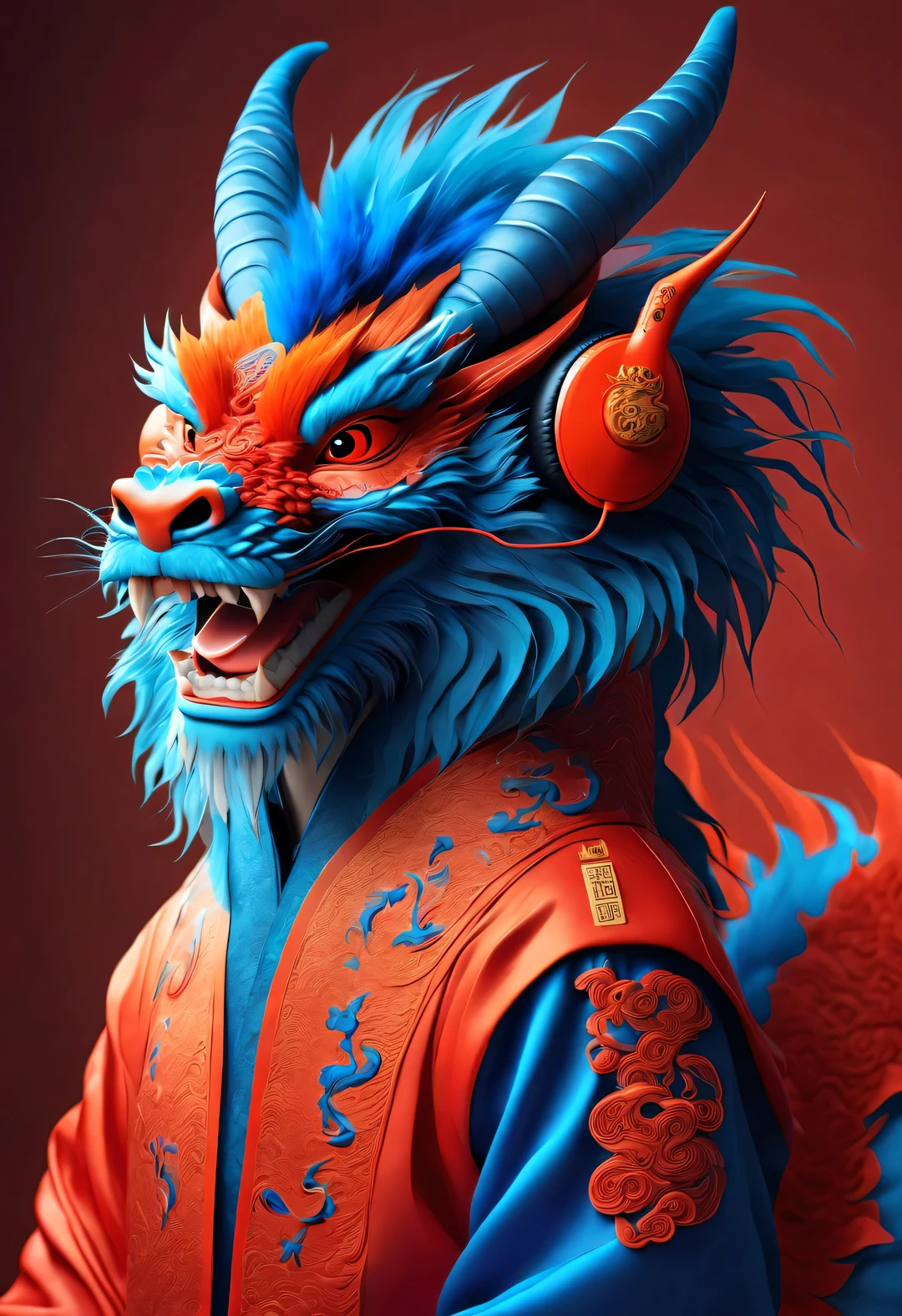 3d rendering, realistic fur, red wallpaper, Simple modern style, beautiful wallpaper, portrait, interesting,
(The avatar zodiac dragon wearing blue headphones is smiling mischievously), Tilt your head slightly, orange fur, big blue eyes, squinting，Smile playfully, (Wearing vermilion Hanfu), (Wear headphones on your head), (looking at camera), Combine traditional clothing with modern equipment, magazine design style