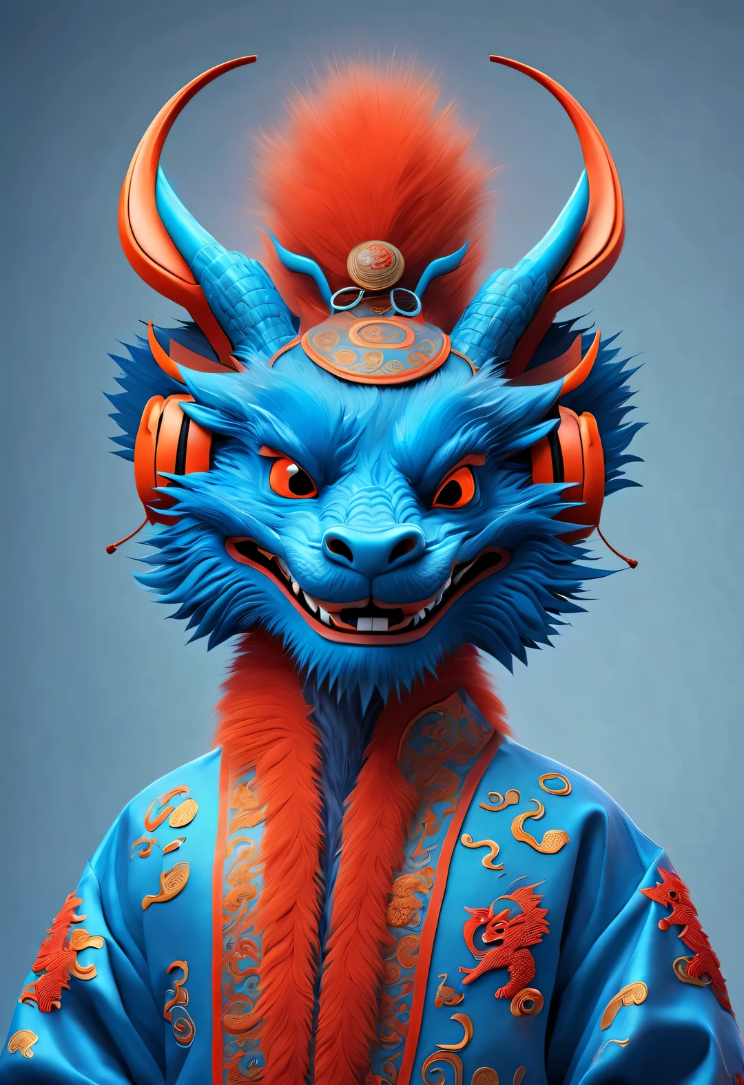 3d rendering, realistic fur, red wallpaper, Simple modern style, beautiful wallpaper, portrait, interesting,
(The avatar zodiac dragon wearing blue headphones is smiling mischievously), Tilt your head slightly, orange fur, big blue eyes, squinting，Smile playfully, (Wearing vermilion Hanfu), (Wear headphones on your head), (looking at camera), Combine traditional clothing with modern equipment, magazine design style