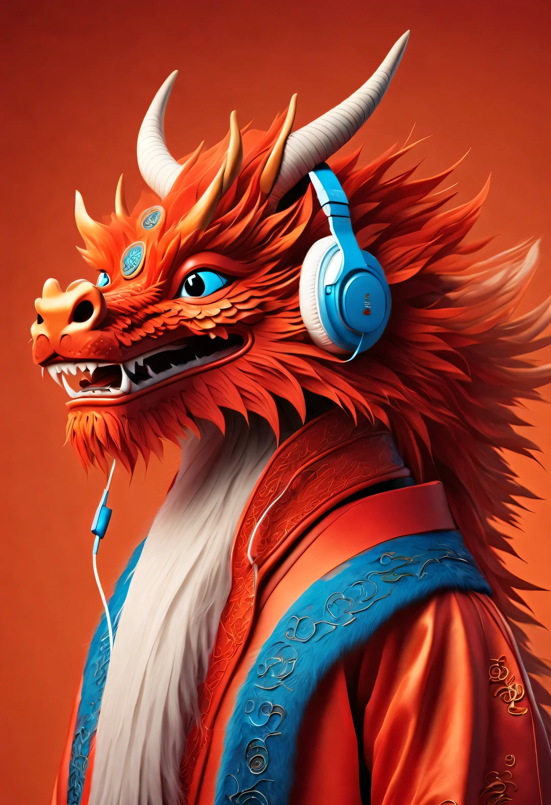 3d rendering, realistic fur, red wallpaper, Simple modern style, beautiful wallpaper, portrait, interesting,
(A personified Chinese zodiac dragon wearing headphones is laughing mischievously), Tilt your head slightly, orange fur, big blue eyes, squinting, Smile playfully, (Wearing vermilion Hanfu), (wearing headphones), (looking at camera), Combine traditional clothing with modern equipment, magazine design style