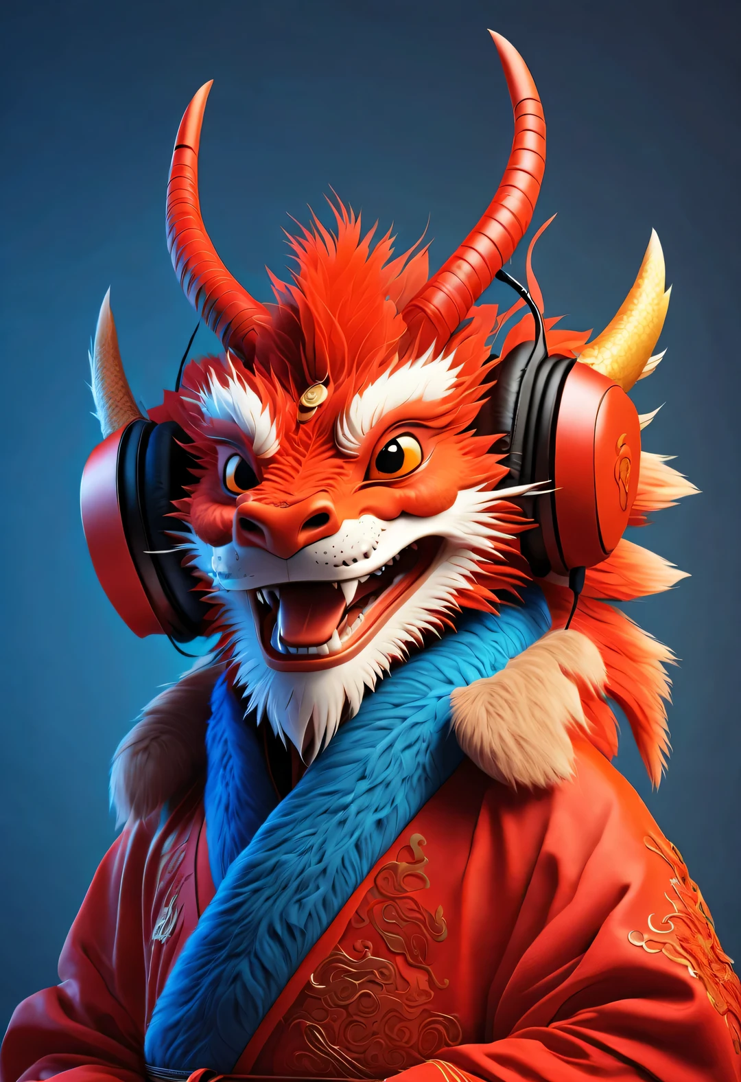 3d rendering, realistic fur, red wallpaper, Simple modern style, beautiful wallpaper, portrait, interesting,
(Cute anthropomorphic zodiac dragon wearing headphones smiling mischievously), orange fur, big blue eyes, Squint your eyes and smile mischievously, (Wearing vermilion Hanfu), (Headphones on the head), front portrait, (looking at camera), Traditional clothing combined with modern equipment, magazine design style,