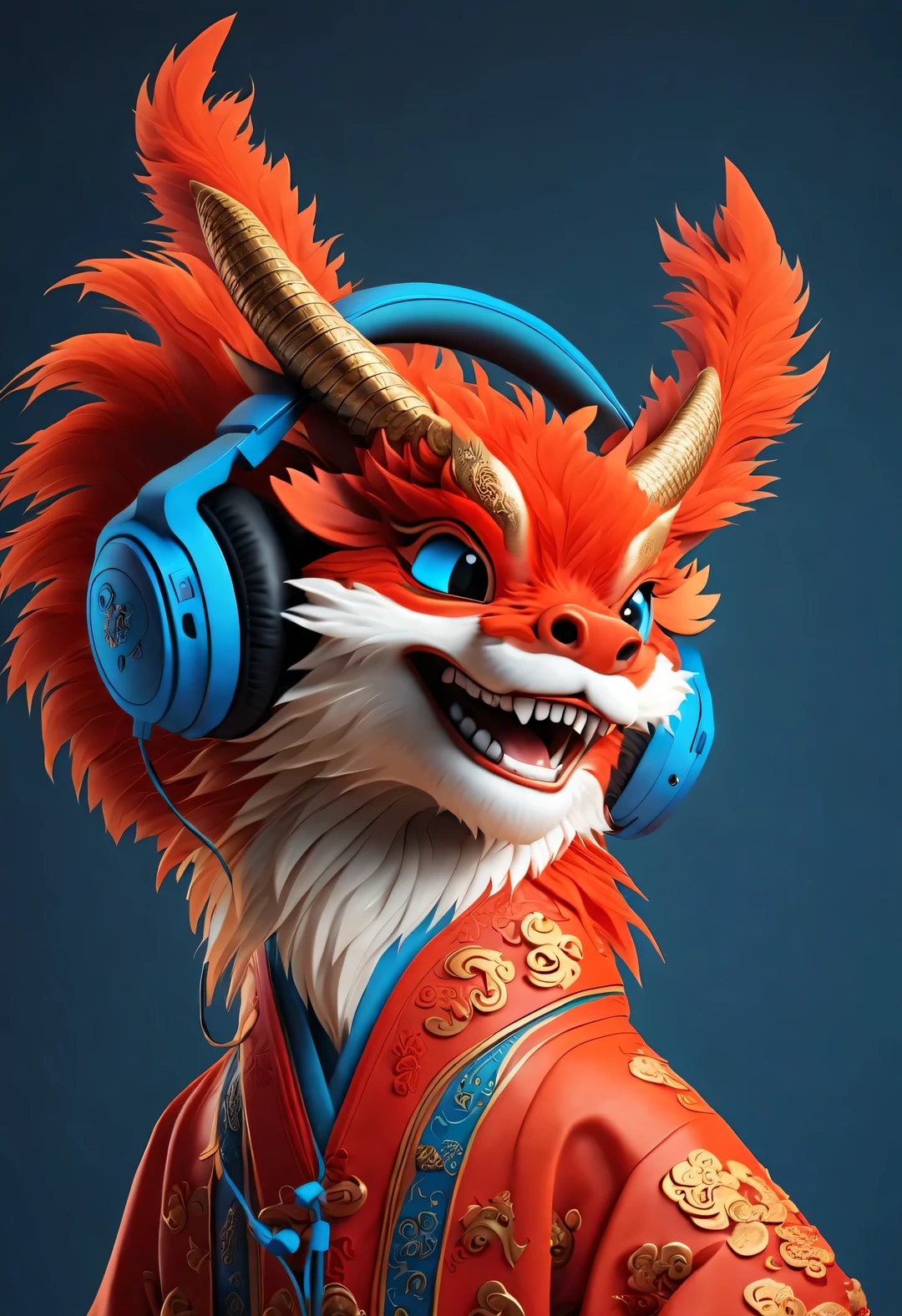 3d rendering, realistic fur, red wallpaper, Simple modern style, beautiful wallpaper, portrait,
(A cute anthropomorphic Chinese zodiac dragon wearing headphones laughing mischievously), orange fur, big blue eyes, Squint your eyes and smile mischievously, (Wearing vermilion Hanfu), (wearing headphones), front portrait, (looking at camera), Traditional clothing combined with modern equipment, Beijing, 🦑  design, 杂志design风格,