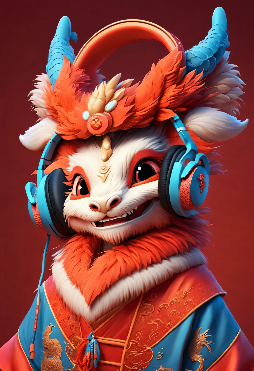 3d rendering, realistic fur, red wallpaper, Simple modern style, beautiful wallpaper, portrait,
(A cute anthropomorphic Chinese zodiac dragon wearing headphones laughing mischievously), orange fur, big blue eyes, Squint your eyes and smile mischievously, (Wearing vermilion Hanfu), (wearing headphones), front portrait, (looking at camera), Traditional clothing combined with modern equipment, Beijing, 🦑  design, 杂志design风格,