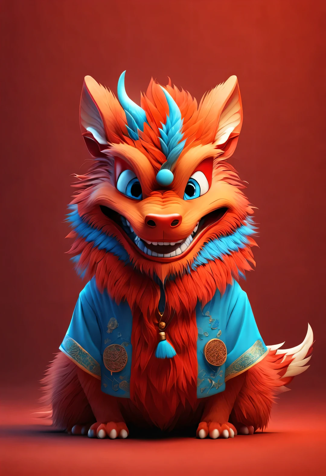 3d rendering, realistic fur, red wallpaper, Simple modern style, beautiful wallpaper,portrait，（Cute anthropomorphic zodiac dragon is smiling mischievously），orange fur, big blue eyes, Narrow your eyes and smile mischievously , (Wearing vermilion Hanfu）， （headphones on head）, ，Slender and well-proportioned, 正面portrait, (looking at camera), Beijing, 🦑 design, 杂志design风格,