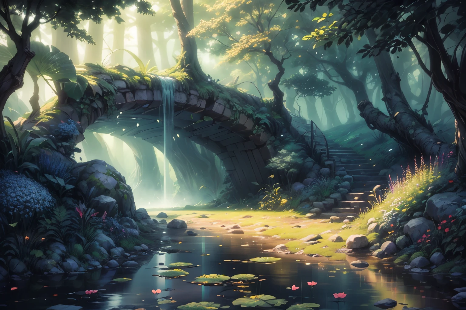 (magical forest:1.45), illustration, lush green foliage, (vibrant and large flowers:1.32), (fireflies:1.24), waterfall, mysterious creatures, majestic trees, enchanting atmosphere, (best quality,4k,8k,highres,masterpiece:1.2), ultra-detailed, (realistic,photorealistic,photo-realistic:1.37), vivid colors, art concept, warm and vibrant color palette, soft sunlight filtering through the woods, a fantastical setting, ultra-detailed, (best quality,4k,8k,highres,masterpiece:1.2)
