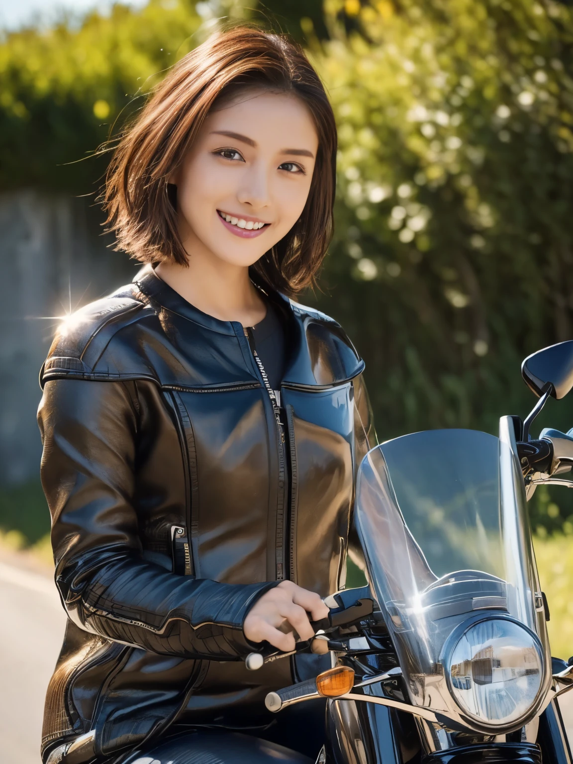 ((highest quality, 8K, masterpiece: 1.3)), sharp: 1.2, perfect body beauty: 1.4,pretty girl,Light brown shorthair,(((girl riding a motorcycle))),slender body,Highly detailed face and skin texture,fine eyes, double eyelid,((full body shot)),Natural light,smile,Detailed Motorcycle