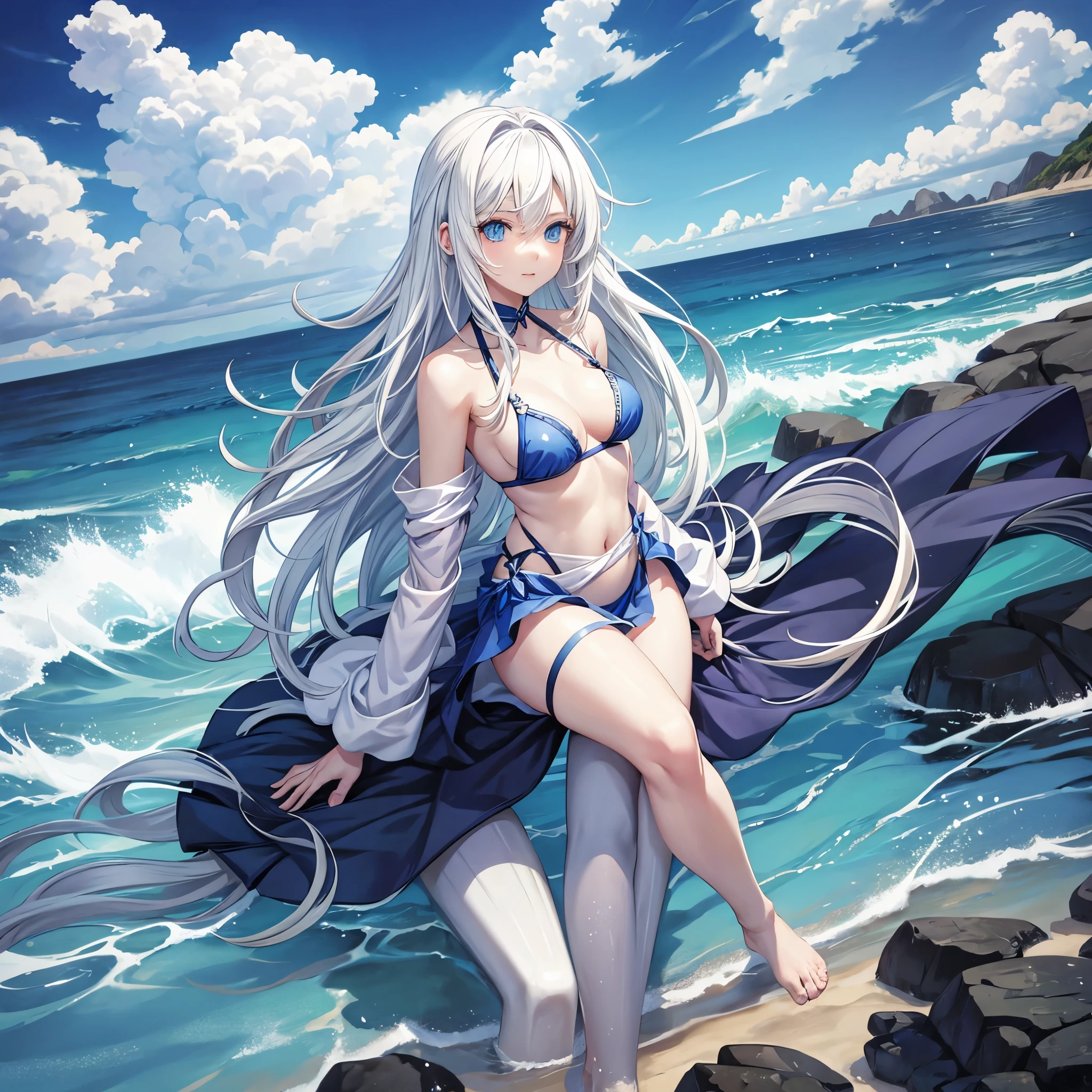 Anime girl with white hair, blue Eyes, white skin, at beach, without clothing